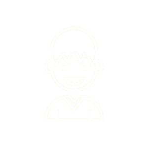 A simple white line drawing of a smiling person with short hair on a black background.