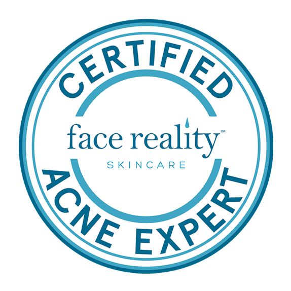 Face Reality's Certified Acne Expert badge featuring Face Reality Skincare logo in the center.
