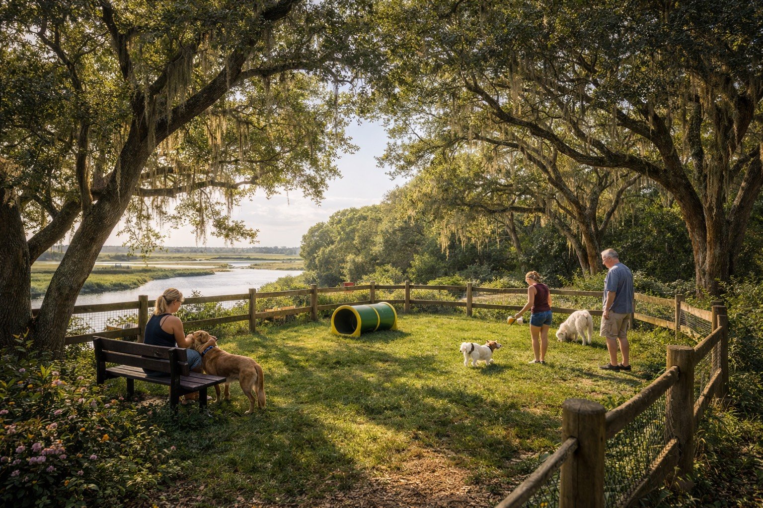 People and dogs enjoying a play area by a river on a sunny day, surrounded by large trees and greenery.