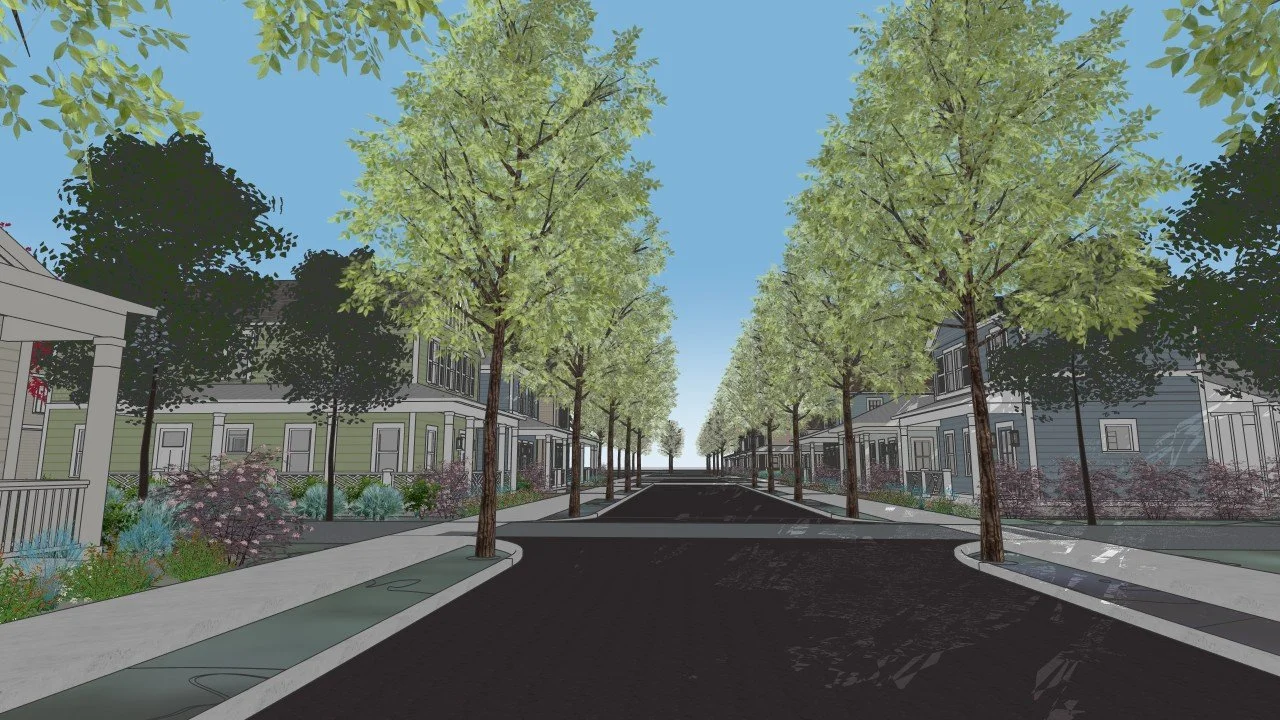 A residential neighborhood with a tree-lined street, sidewalk, and houses on both sides, under a clear blue sky.