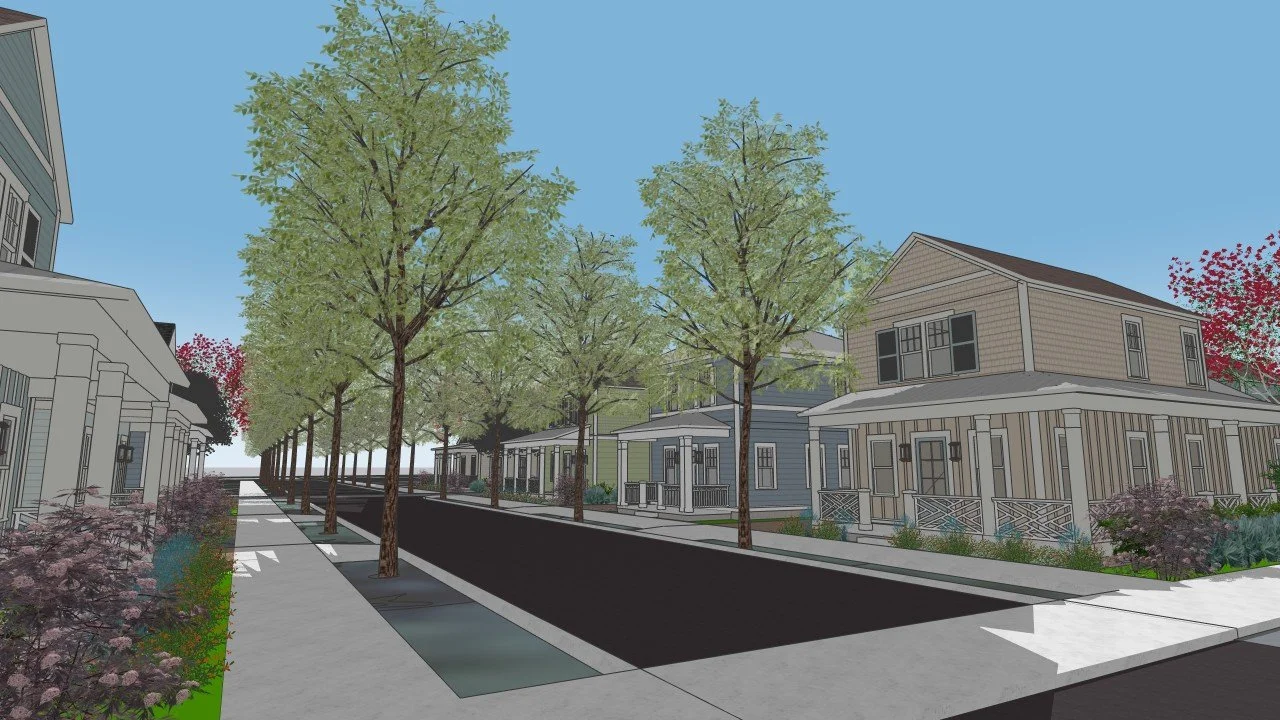 Digital rendering of a suburban street with trees, sidewalks, and houses on both sides, some with porches, under a clear blue sky.