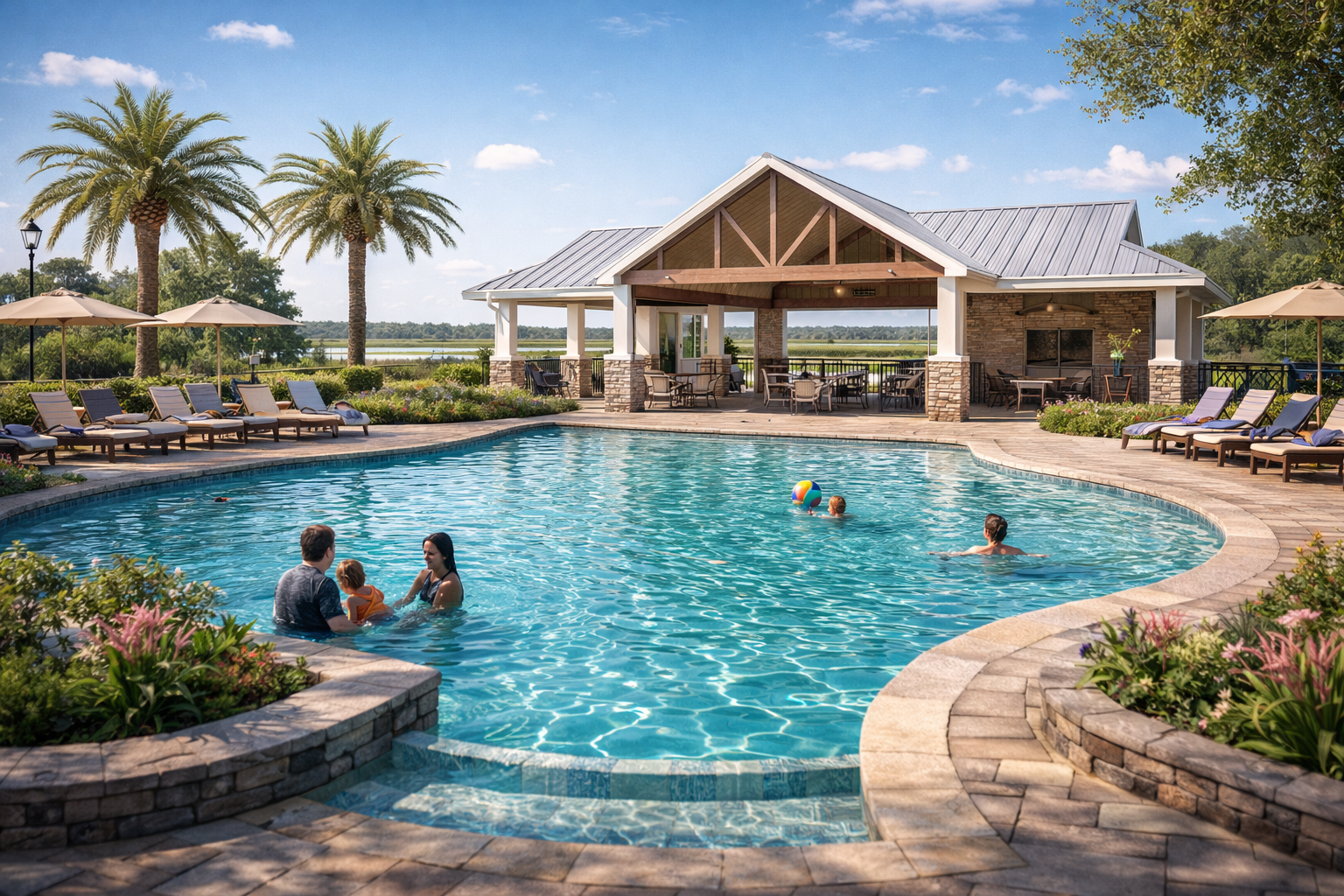 People swimming and relaxing by an outdoor pool at a resort with palm trees, a pavilion, and a scenic landscape in the background.