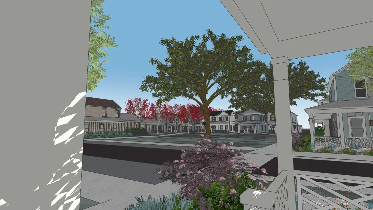 Digital rendering of a suburban neighborhood from a porch, featuring a large tree, cherry blossoms, and houses with front porches against a clear blue sky.