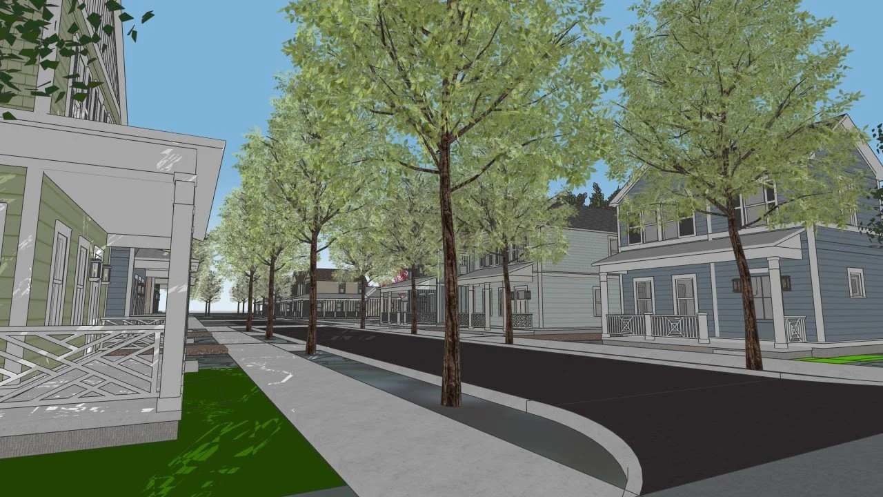 A digital rendering of a residential neighborhood with a street lined with trees and houses on both sides. The houses are painted in pastel colors and have porches, with a clear blue sky overhead.
