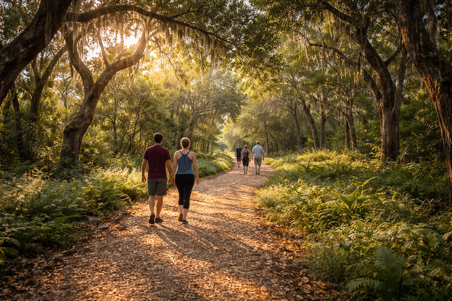 People walking on a dirt trail through a lush forest during sunset.