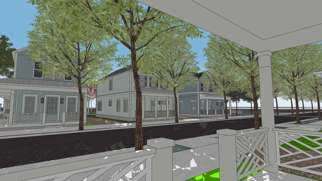 Render of a suburban neighborhood street with trees, houses, sidewalks, and a porch in the foreground.