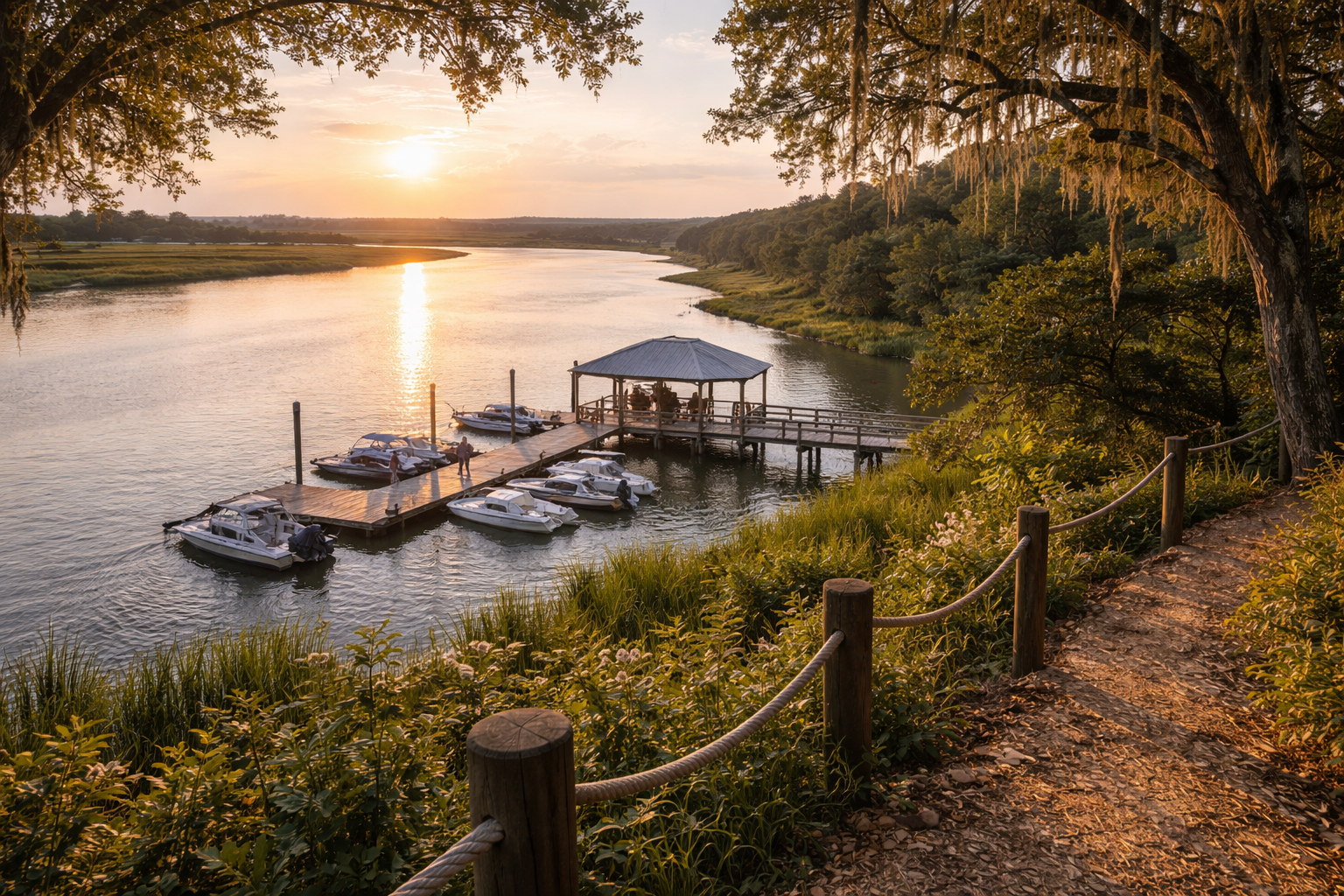 Sunset over a river with a wooden dock and boats, surrounded by trees and greenery.