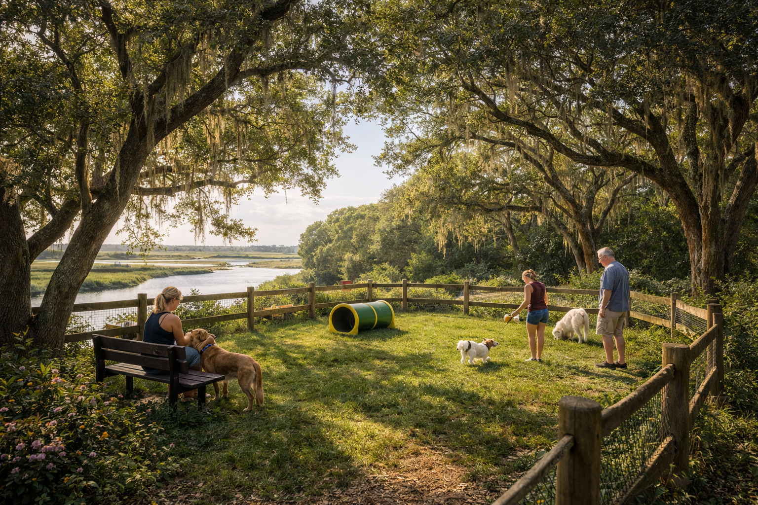 People and dogs in a fenced dog park by a river under large trees with hanging moss, during daytime.