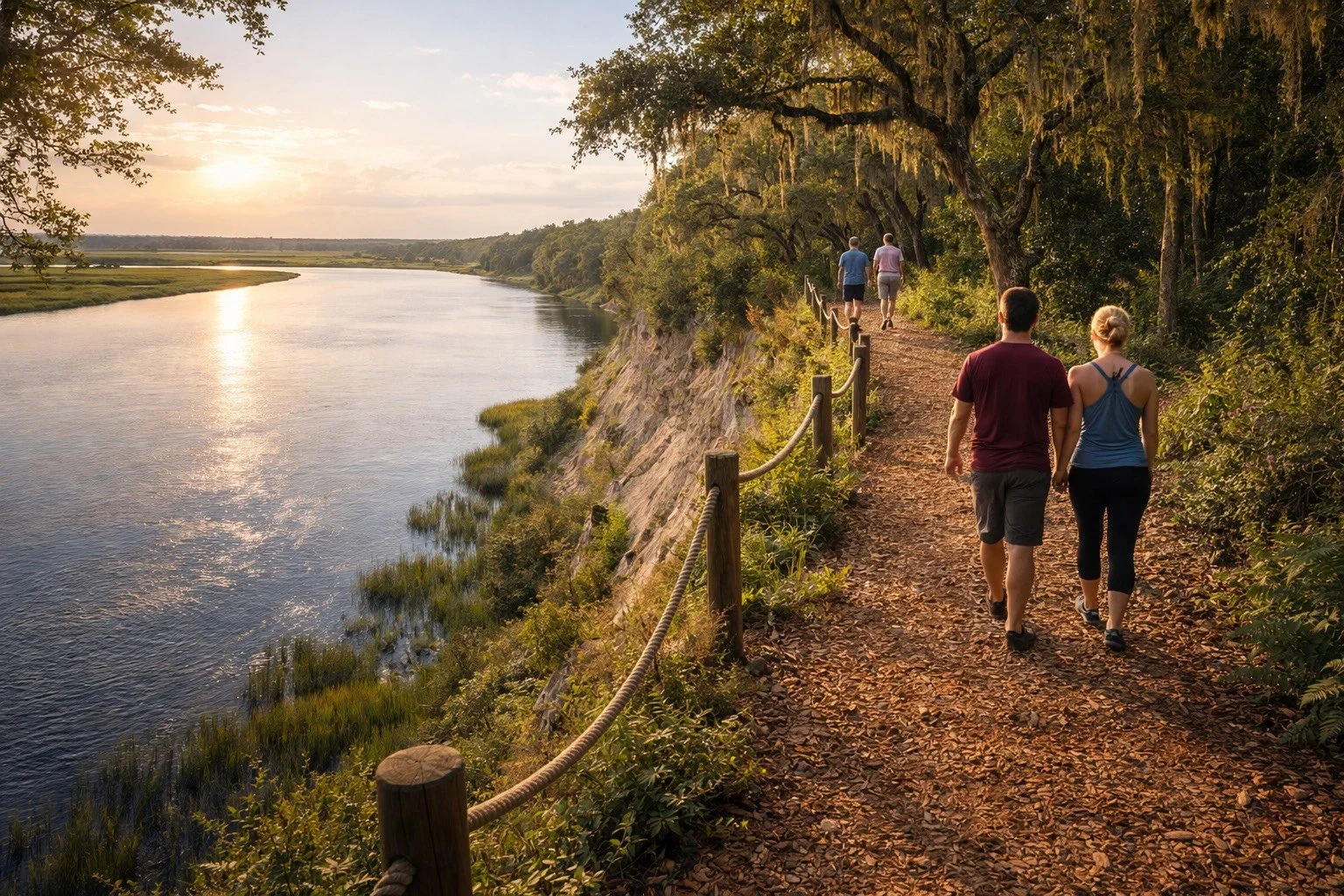 People walking along a nature trail beside a river during sunset.