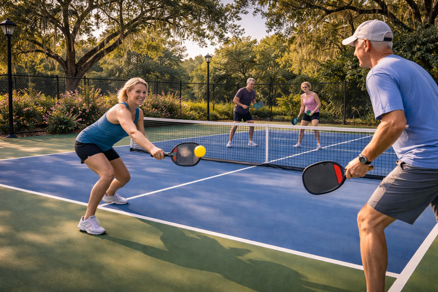 Four people playing pickleball on an outdoor court surrounded by trees and flowers, with sunlight filtering through the trees.