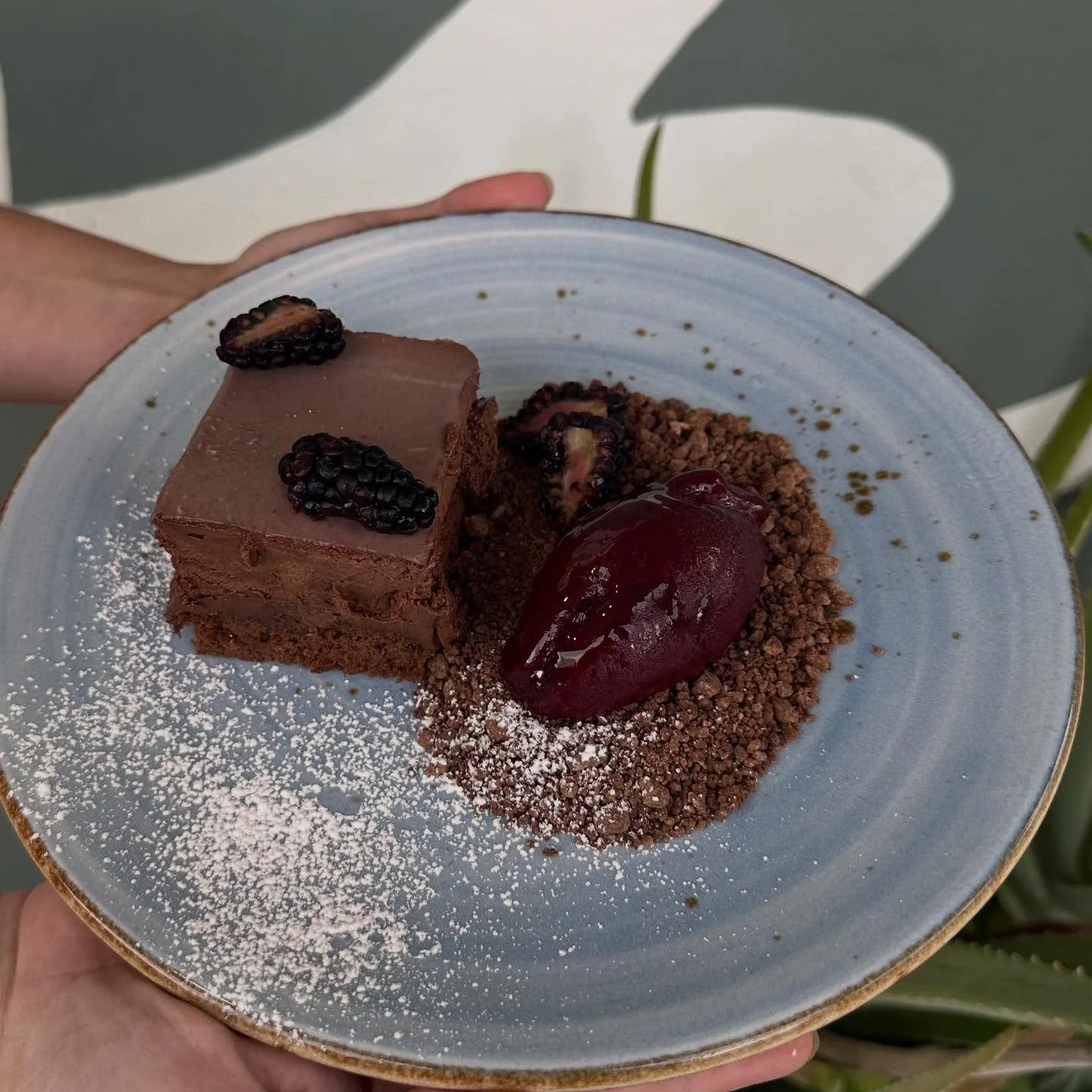 Our new chocolate dessert 🤩- chocolate pave, blackberry glaze , chocolate soil, blackberry lime sorbet,finished with fresh blackberries!