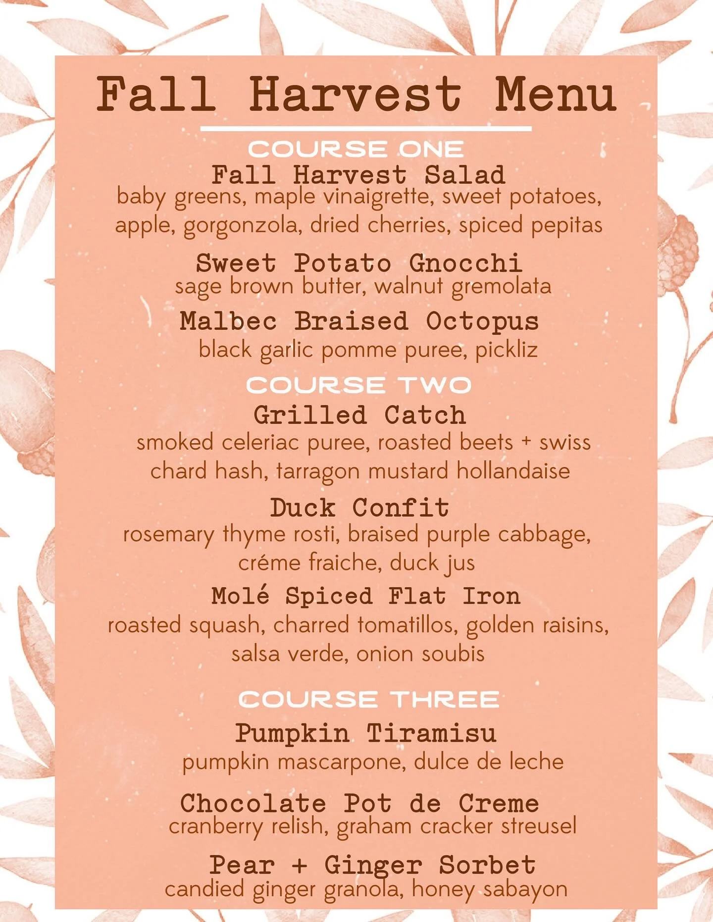 It’s that time of the year! Come enjoy our fall harvest menu for a limited time as we showcase some of Autumn’s favorite flavors. 3 courses for $55, starting today 🍁