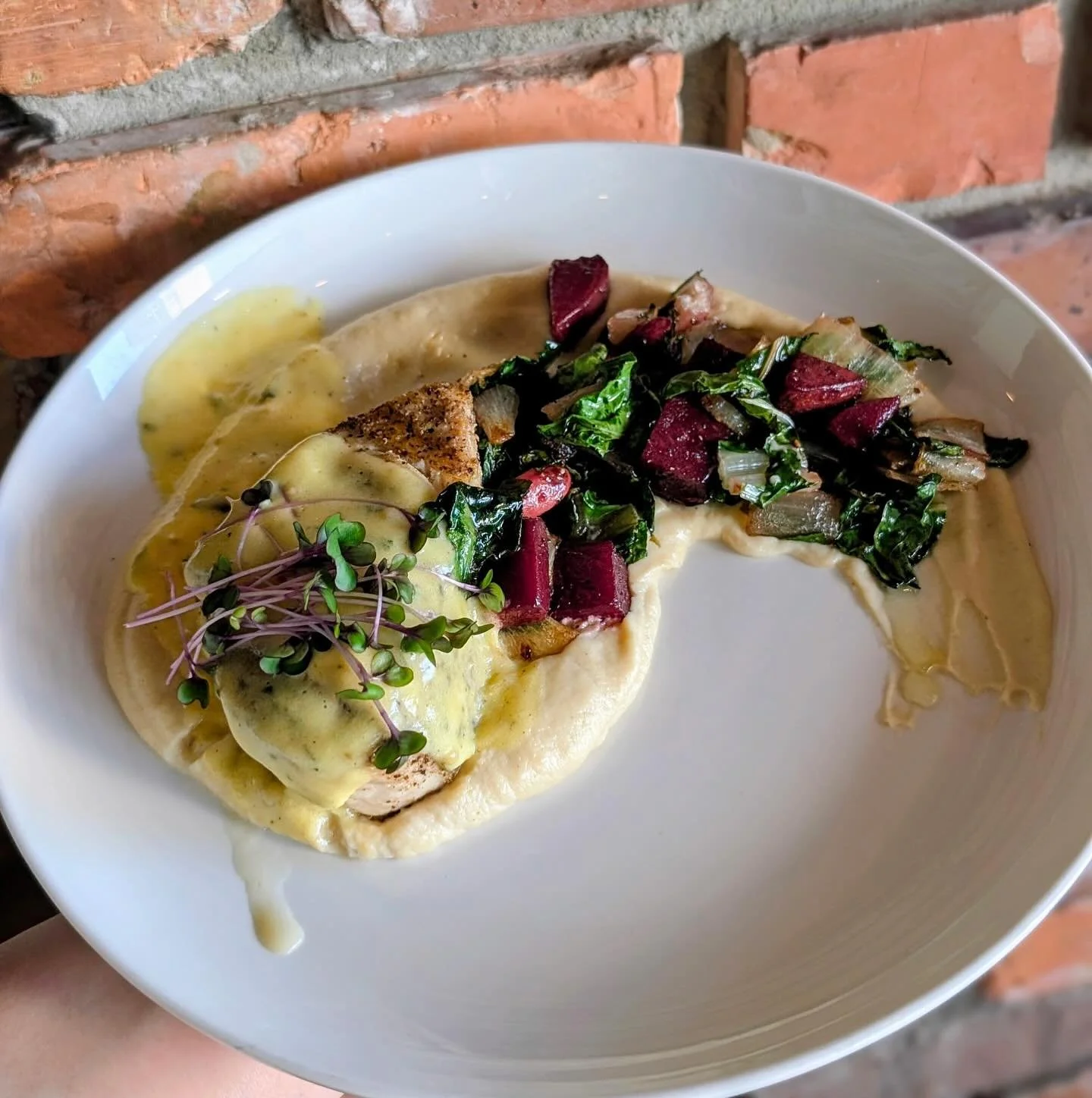Grilled fresh catch, smoked celeriac puree, roasted beet + swiss chard hash, and tarragon mustard hollandaise. A new favorite.