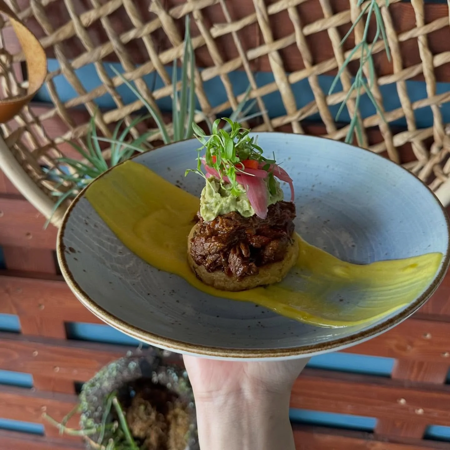 New app alert 👏 ropa vieja, arepa, fresh guac, pickled fresnos, pickled onion, and an aji amarillo aioli.