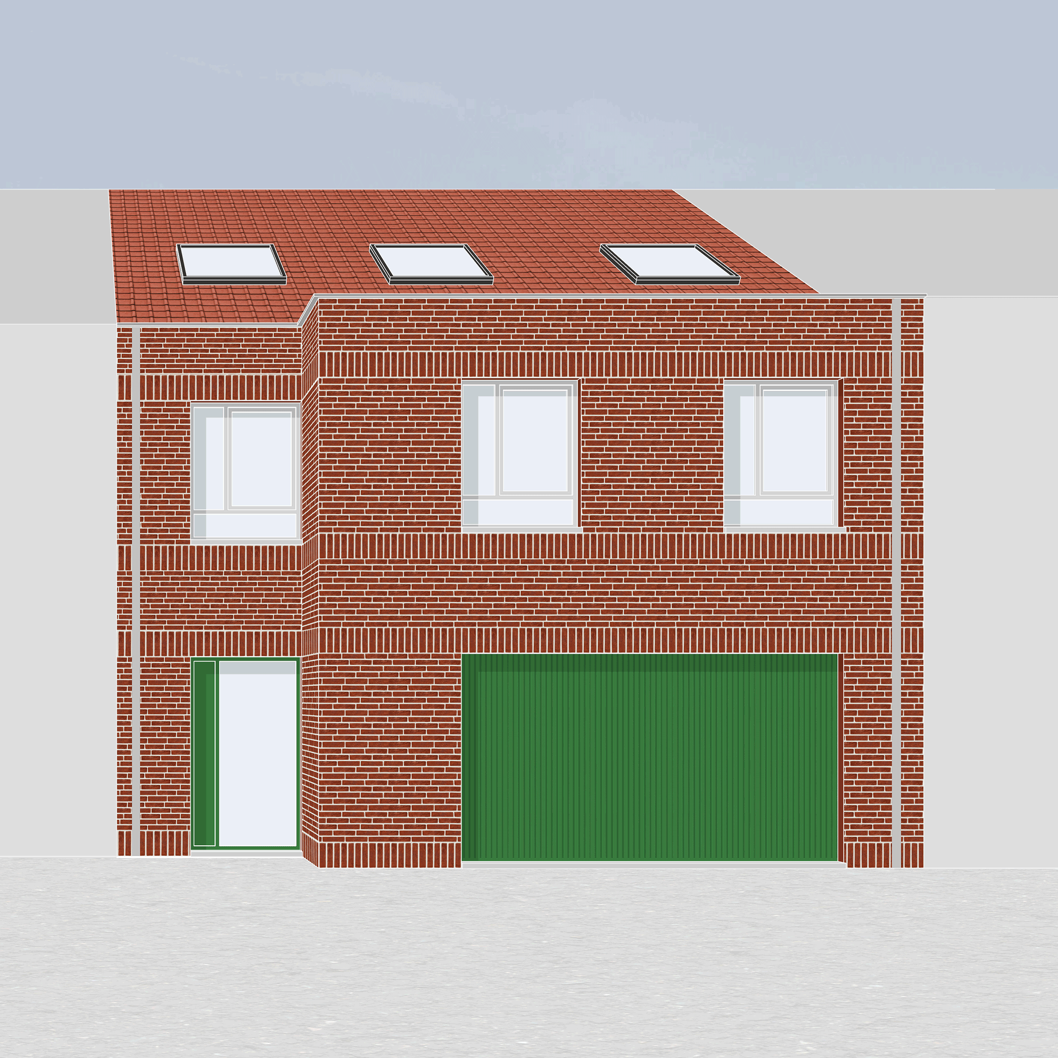 A digital illustration of a three-story brick house with a red tiled roof, two skylights, three windows on the second floor, a glass door on the first floor, and a large green garage door.