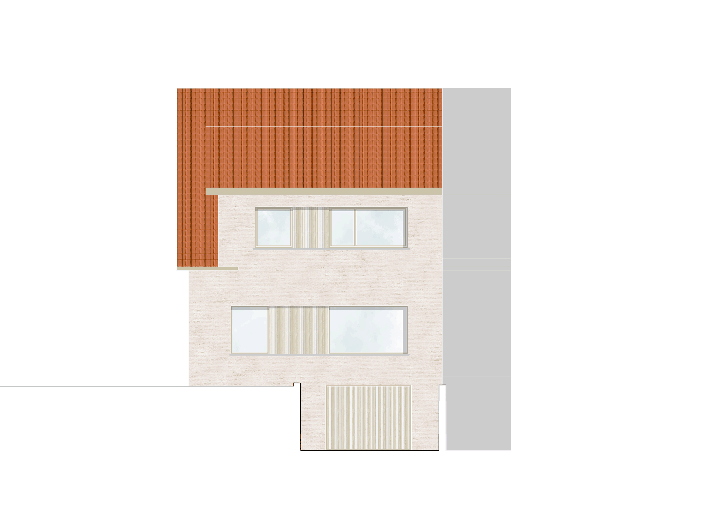 Elevation view of a modern multi-story house with a red tiled roof, white brick facade, large windows, and a garage with a wooden door.