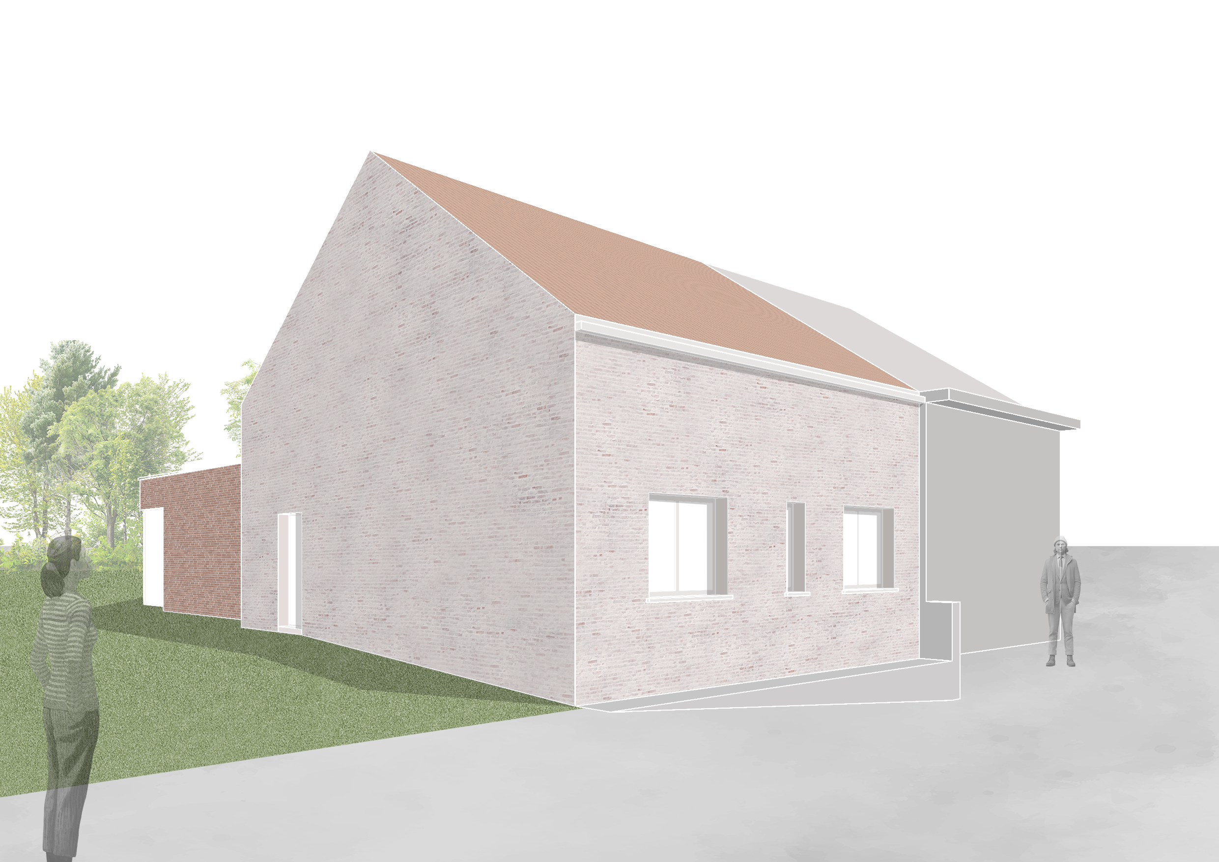 Architectural render of a two-story brick house with a reddish-brown roof, showing front and side views, with two people outdoors and trees in the background.