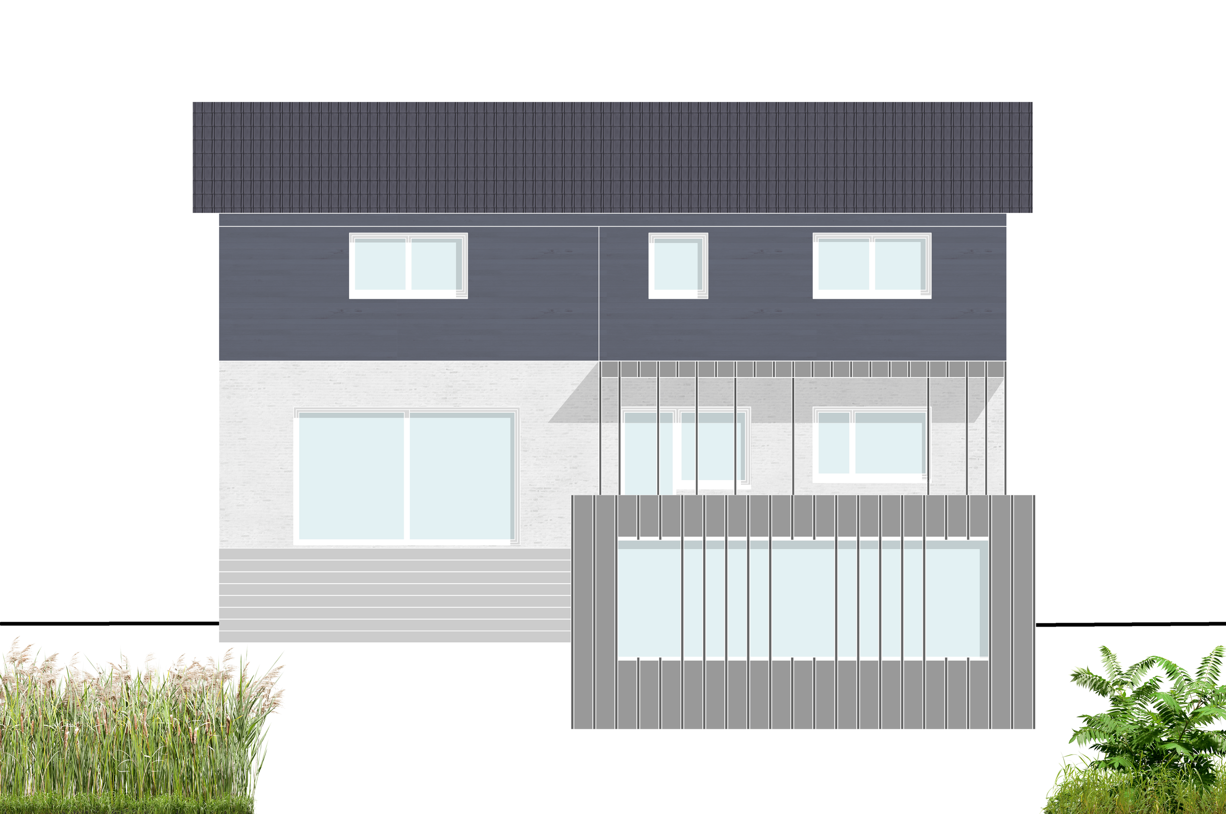 Digital illustration of a two-story modern house with a dark gray roof and gray exterior, large windows, a wooden balcony and a fenced patio, surrounded by tall grass and plants.