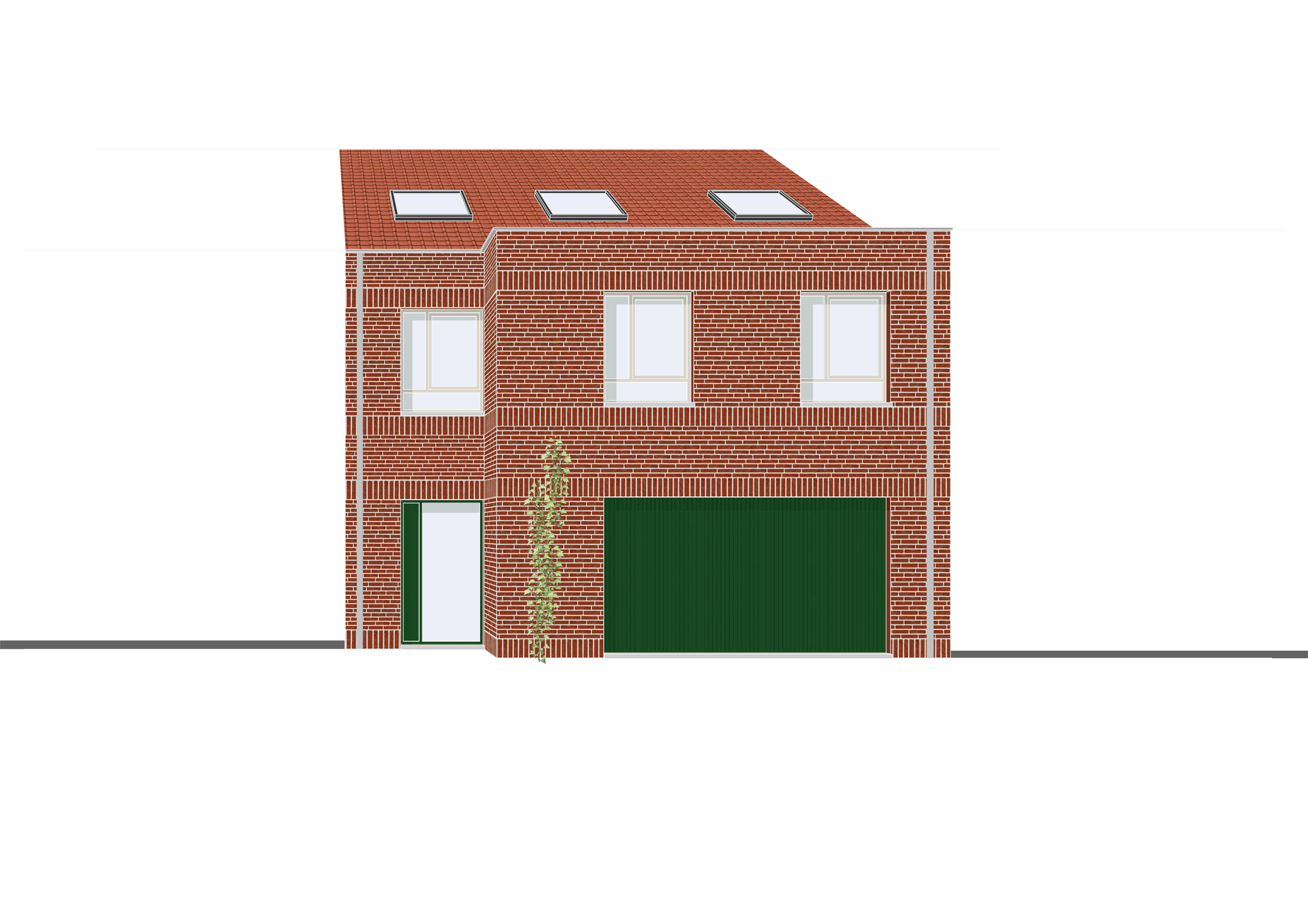 A modern, three-story brick house with three skylights on the roof, two windows on each of the upper floors, a small door on the left, a large green garage door, and a small tree next to the entrance.