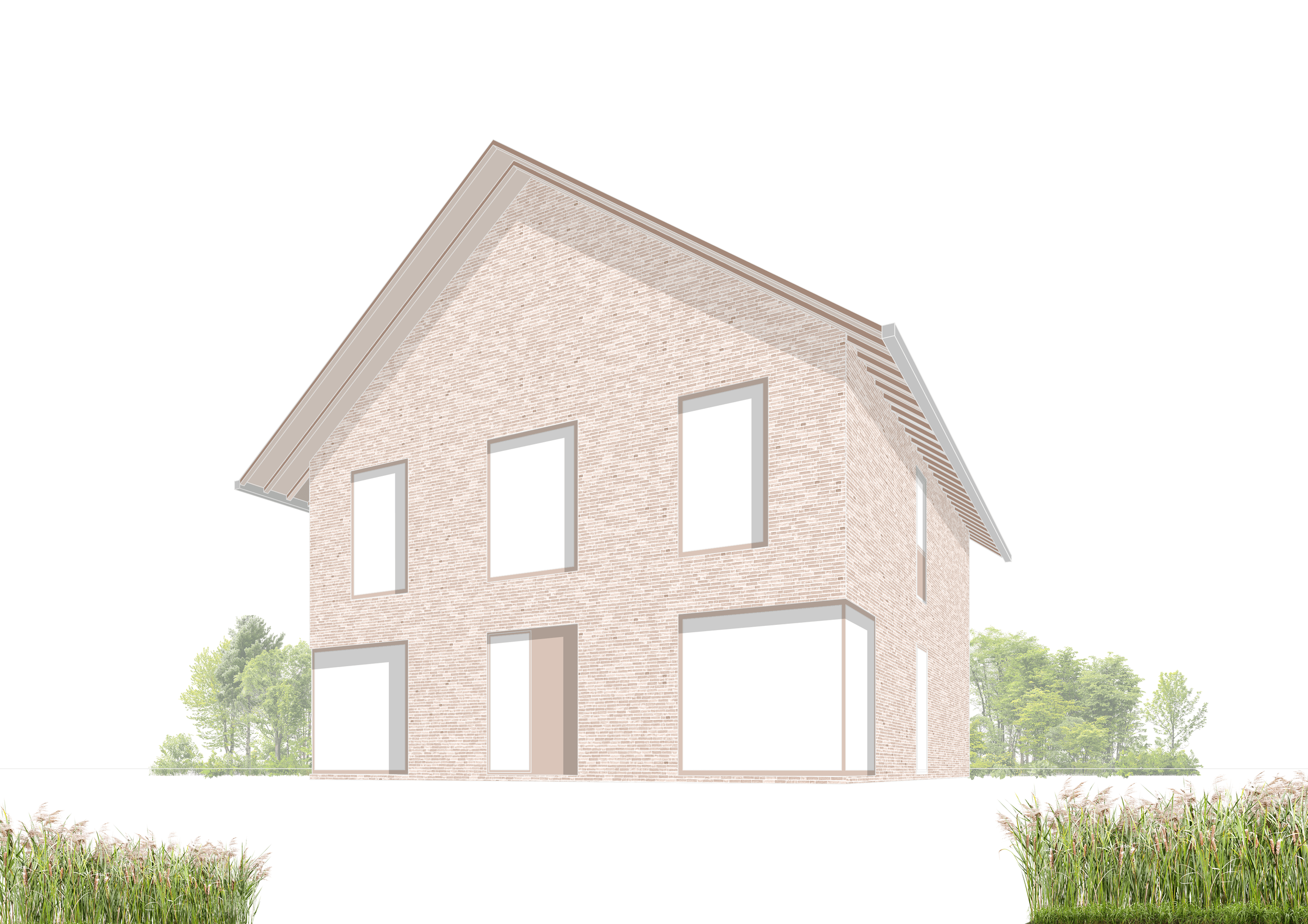 Illustration of a modern two-story house with a sloped roof, large windows, and light-colored brick exterior, surrounded by greenery and grass.
