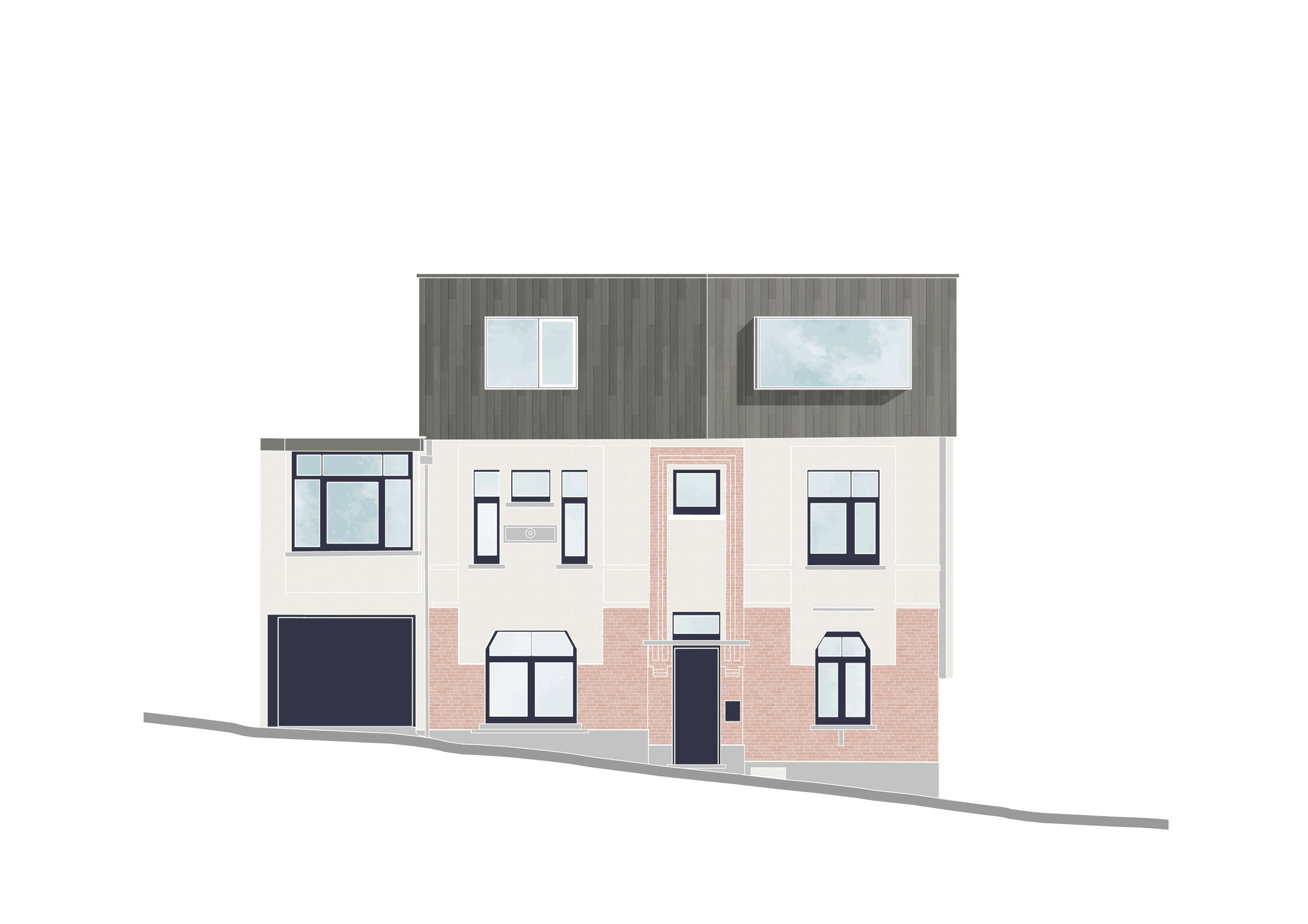 Digital illustration of a modern multi-story house with a black garage door, pink brick accents, black-trimmed windows, and a sloped driveway.