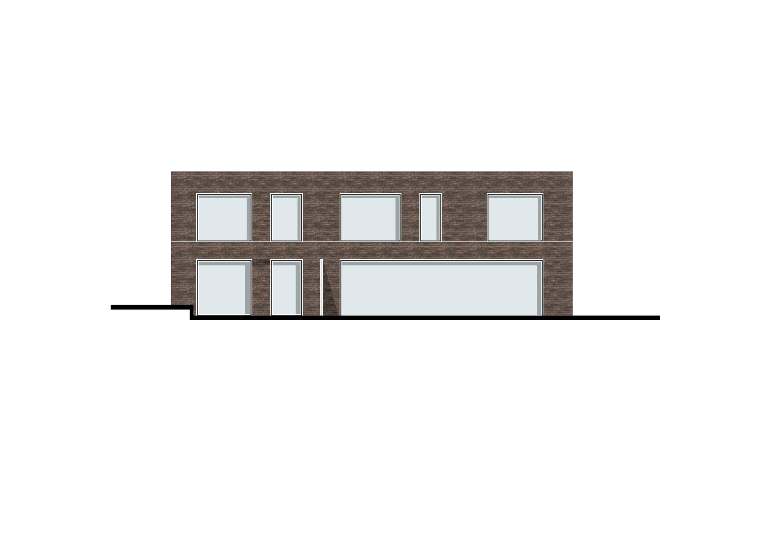 Elevation drawing of a modern two-story brick house with large glass windows and a garage.