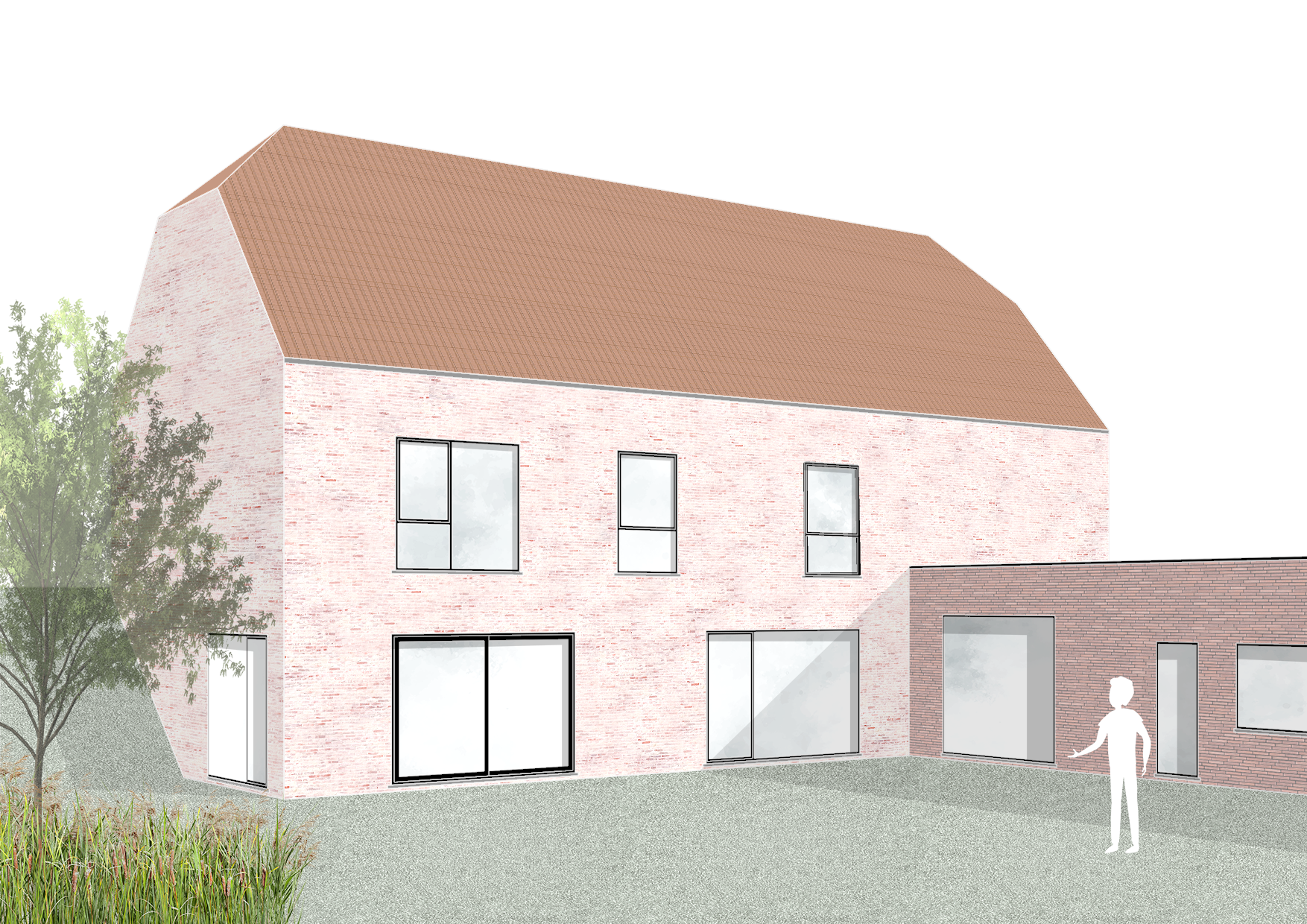 Architectural rendering of a modern two-story house with a brown shingle roof, brick walls, large windows, and an open yard with a person standing outside.