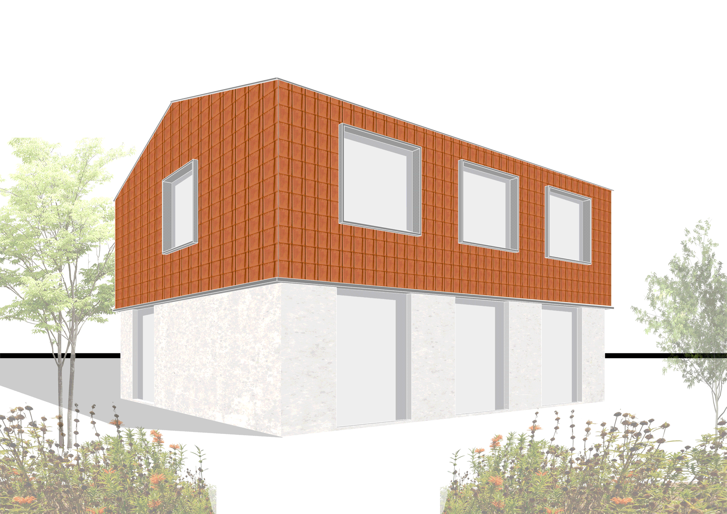Digital rendering of a modern two-story house with an orange tiled upper floor and a white concrete lower floor, surrounded by trees and flowering plants.
