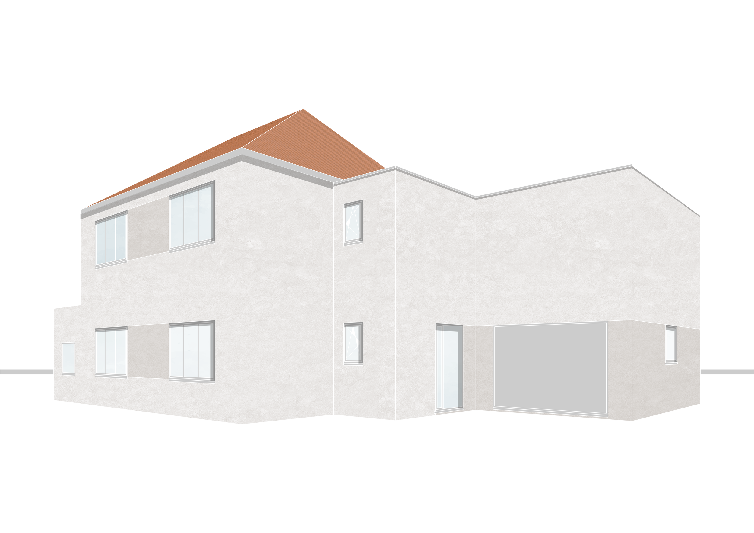 Digital rendering of a modern two-story house with white exterior walls, multiple windows, and a brown gabled roof.