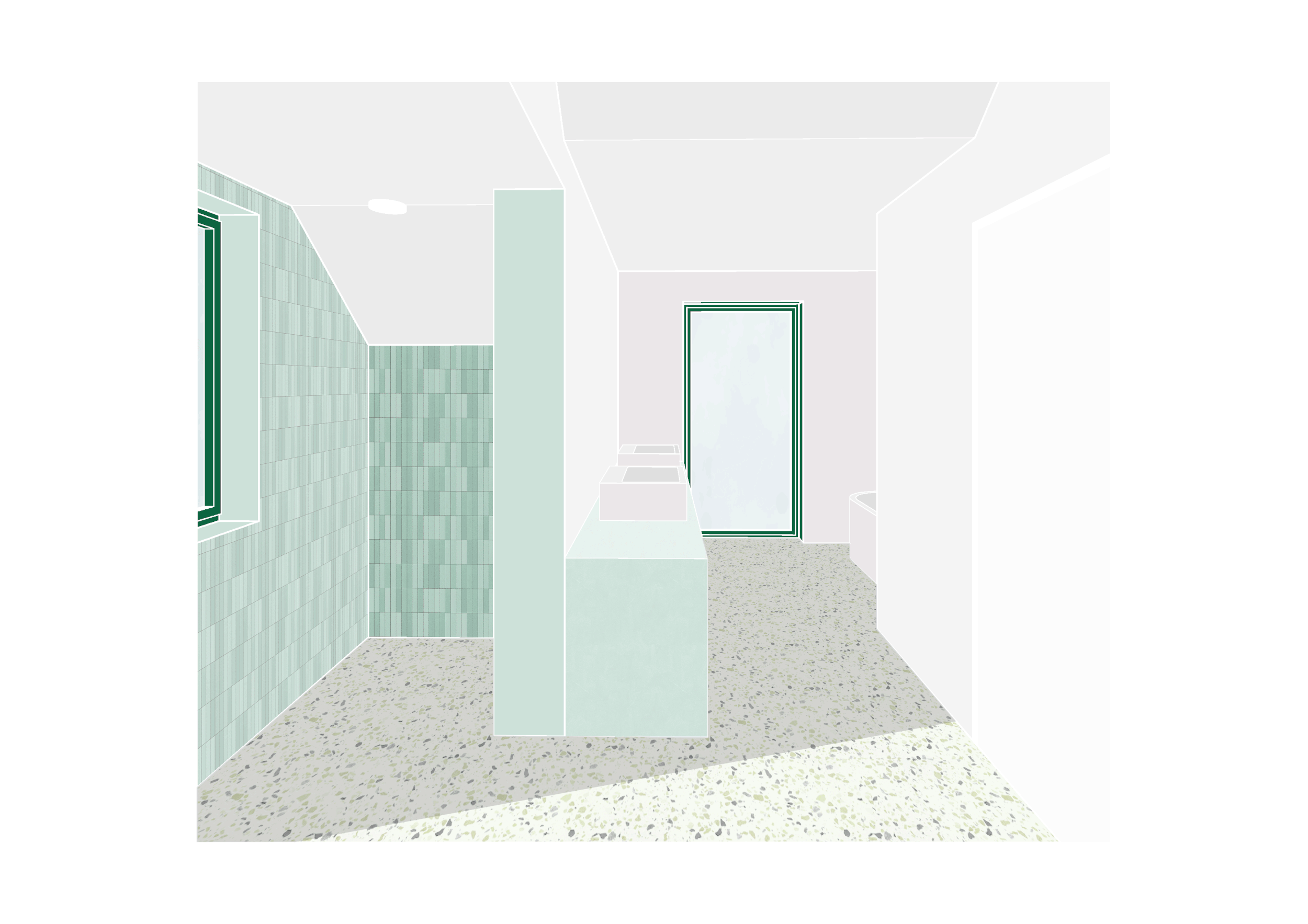 Minimalist bathroom with a terrazzo floor, a frosted glass shower enclosure, and a teal door at the back.