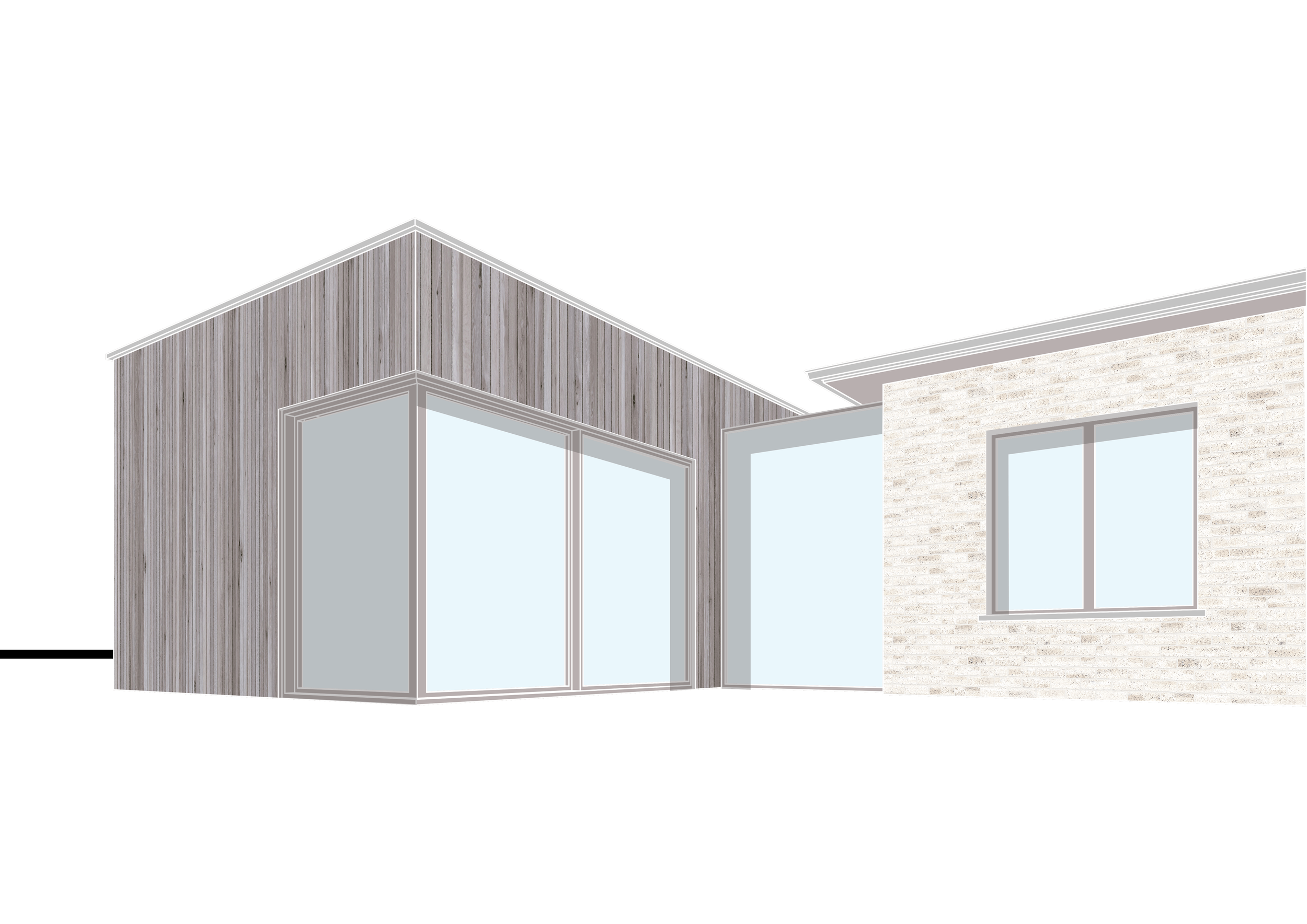 Digital rendering of modern residential building with wood and brick exterior, large windows, and flat roof.