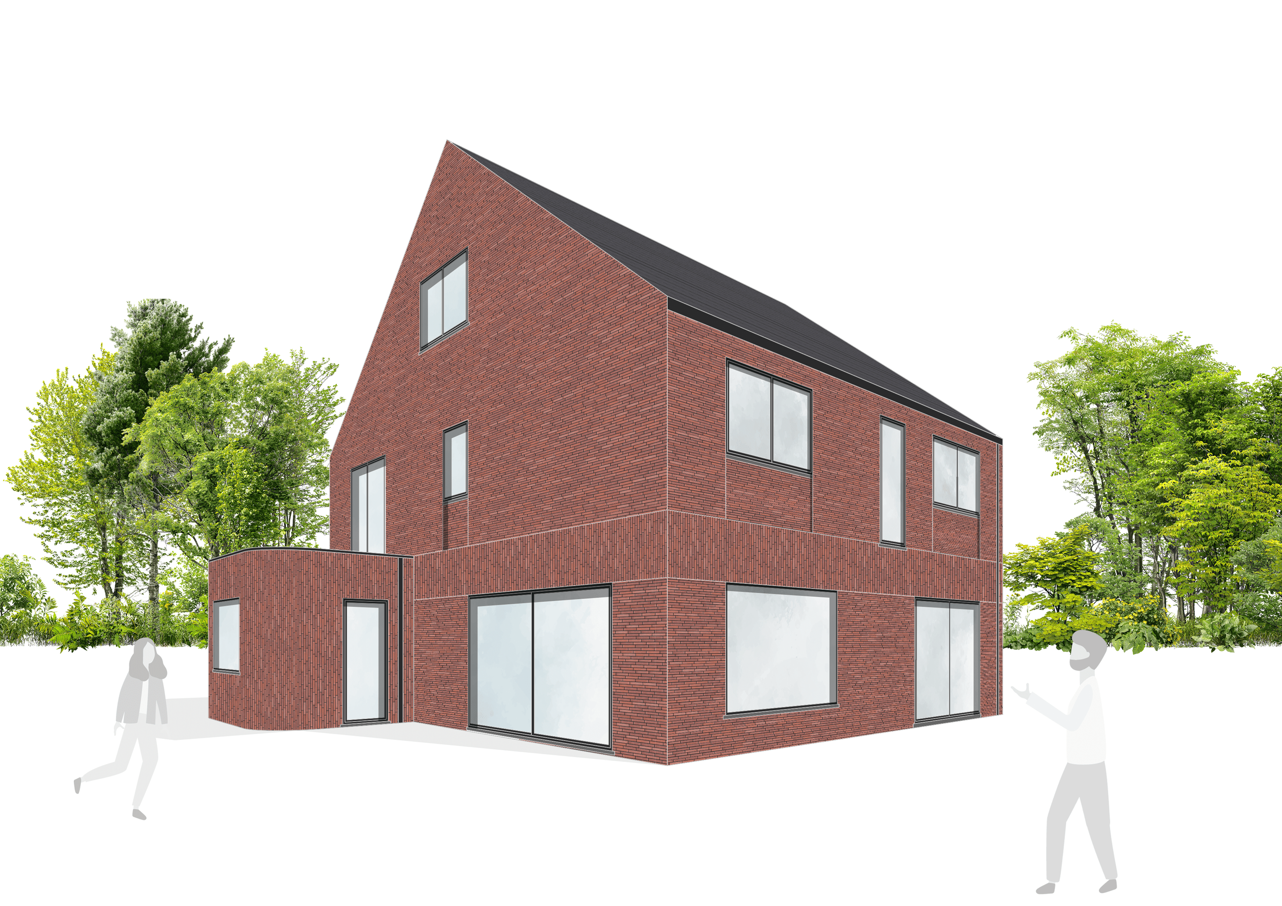 A modern red brick building with large windows and a slanted roof, surrounded by green trees and two semi-transparent figures.