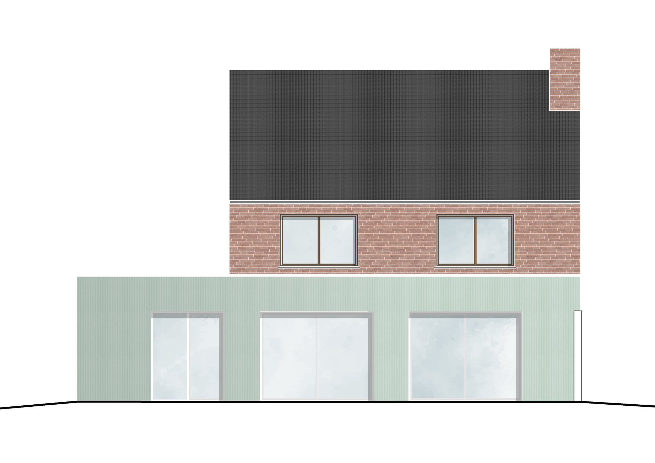 Front elevation of a multi-story house featuring a brick upper floor with two windows, a black shingled roof, a chimney, and a lower level with light green siding and large glass doors.