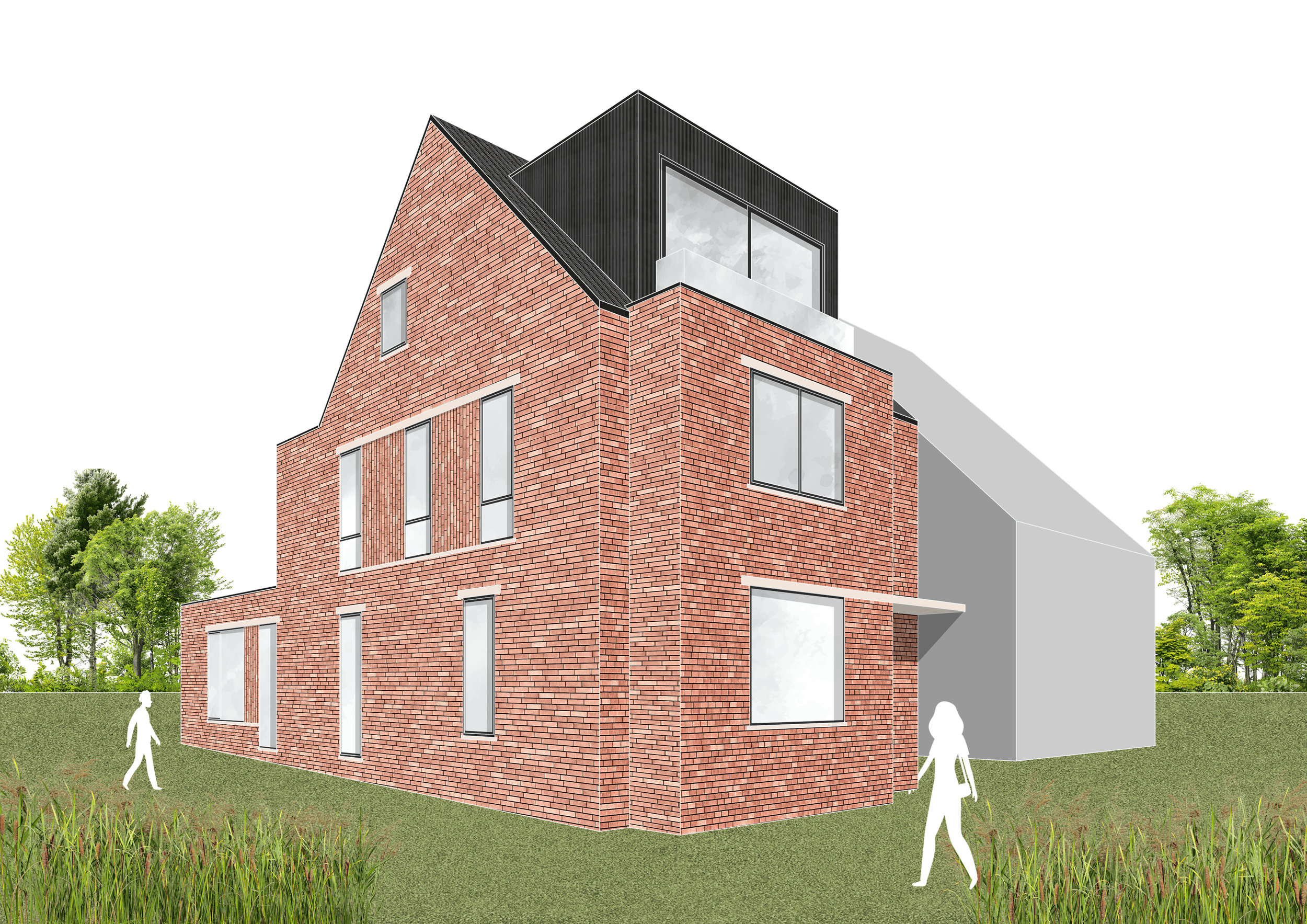 Artist's rendering of a modern multi-story brick house with large windows, surrounded by green grass and trees, with two human silhouettes nearby.