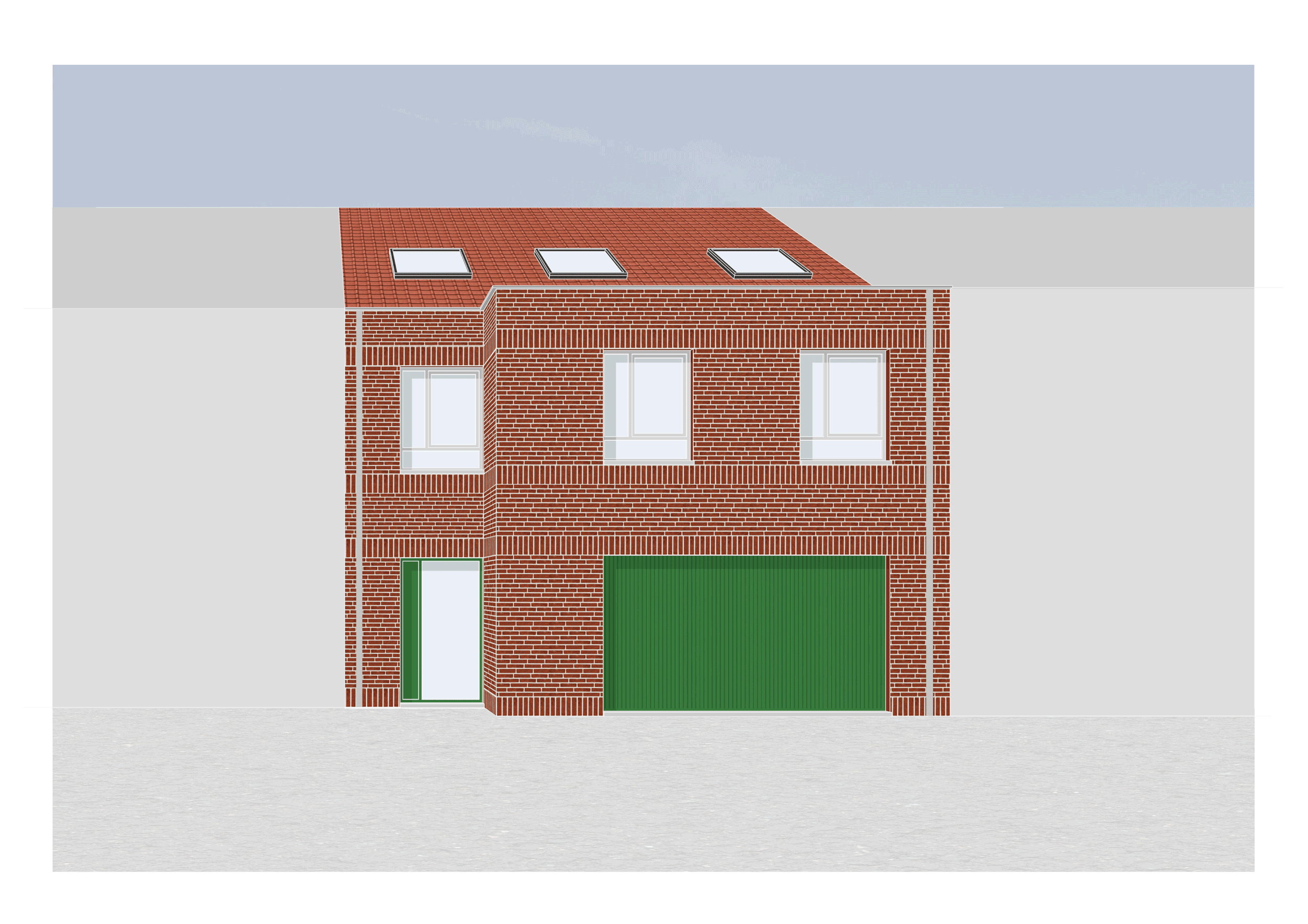 Front view of a modern brick house with a red tiled roof, three skylights, two large windows, a small side door, and a large green garage door, with a light gray sidewalk in front.