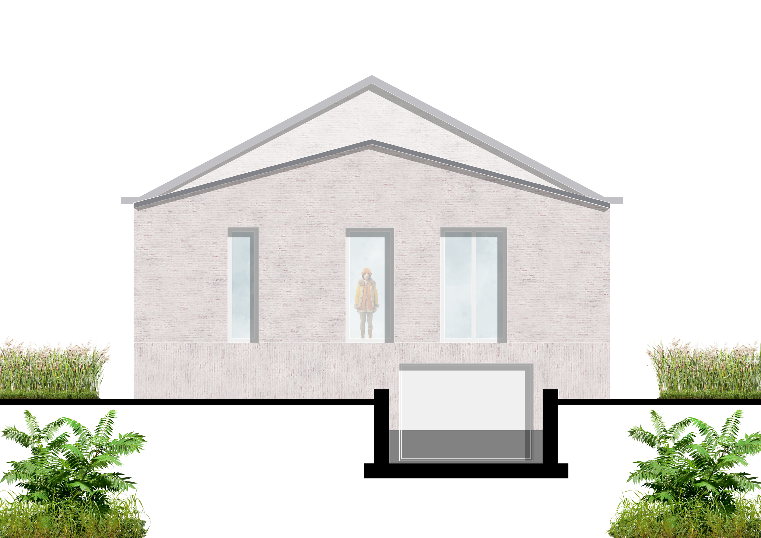 Cross-section of a modern house with a basement, showcasing landscaping with grass and bushes.