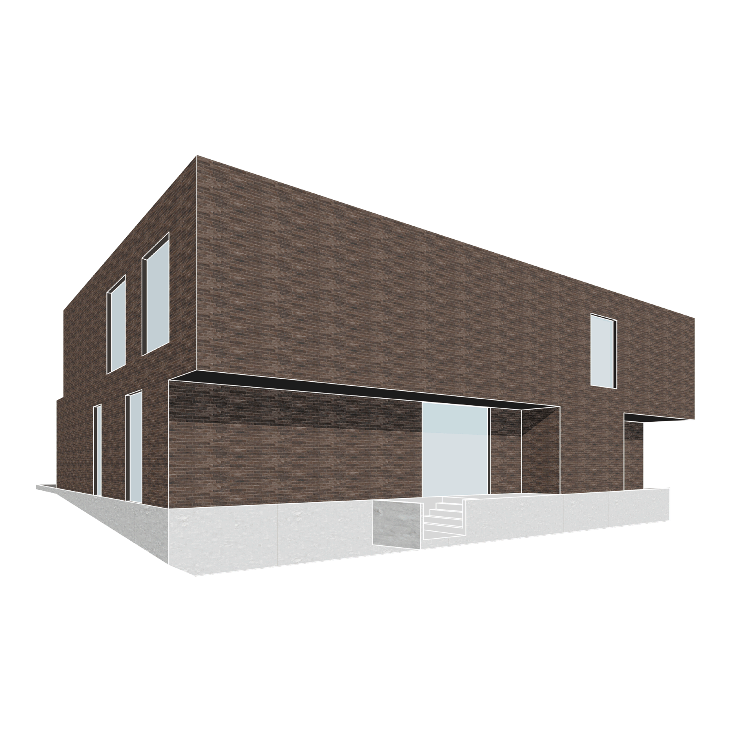 Modern two-story brown brick building with large windows and a small front porch with steps.