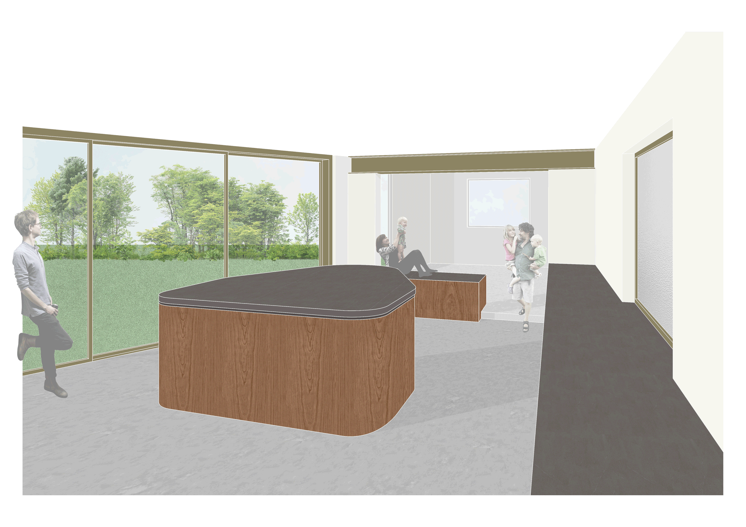 Interior of a modern room with large windows overlooking trees, a curved wooden desk, and several children being playful inside.