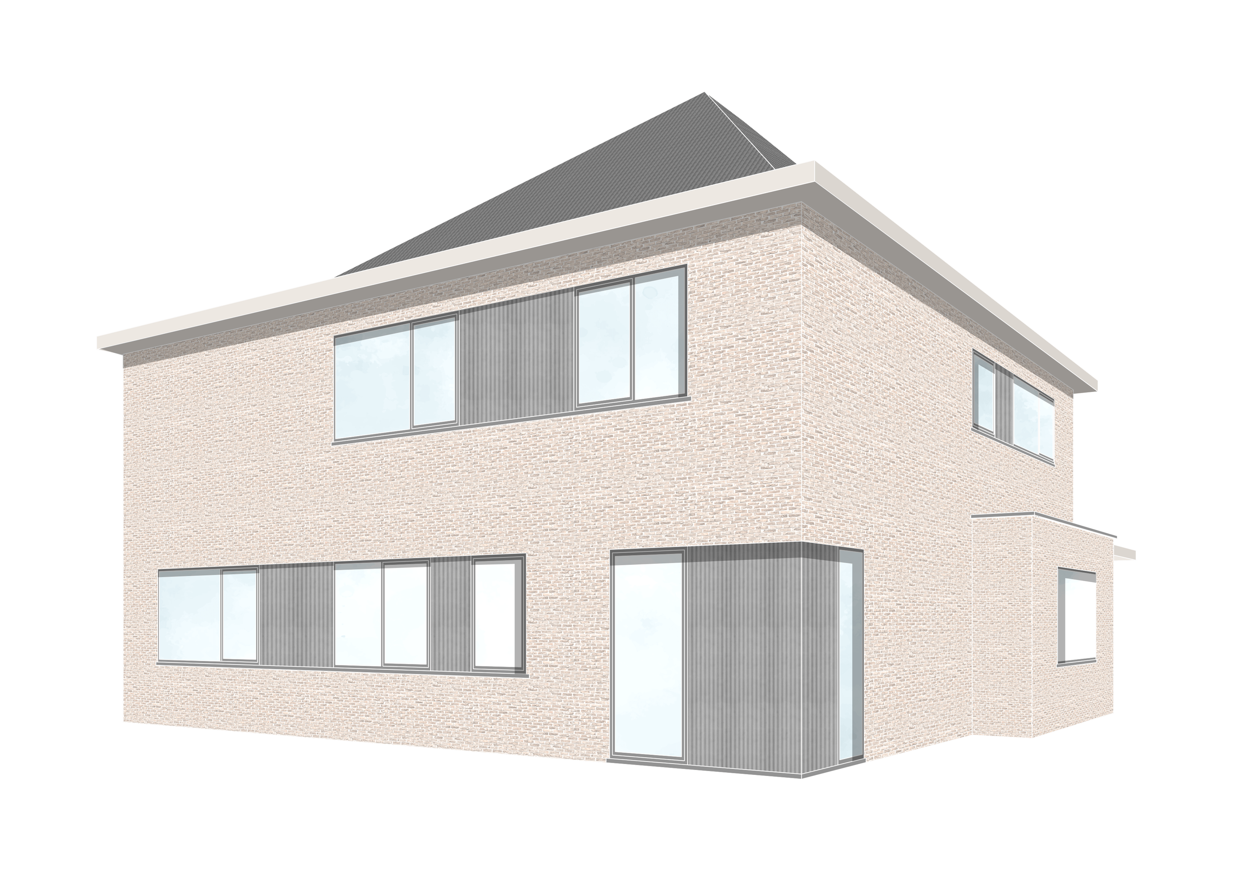 Illustration of a modern two-story house with brick walls, large windows, and a gabled roof.