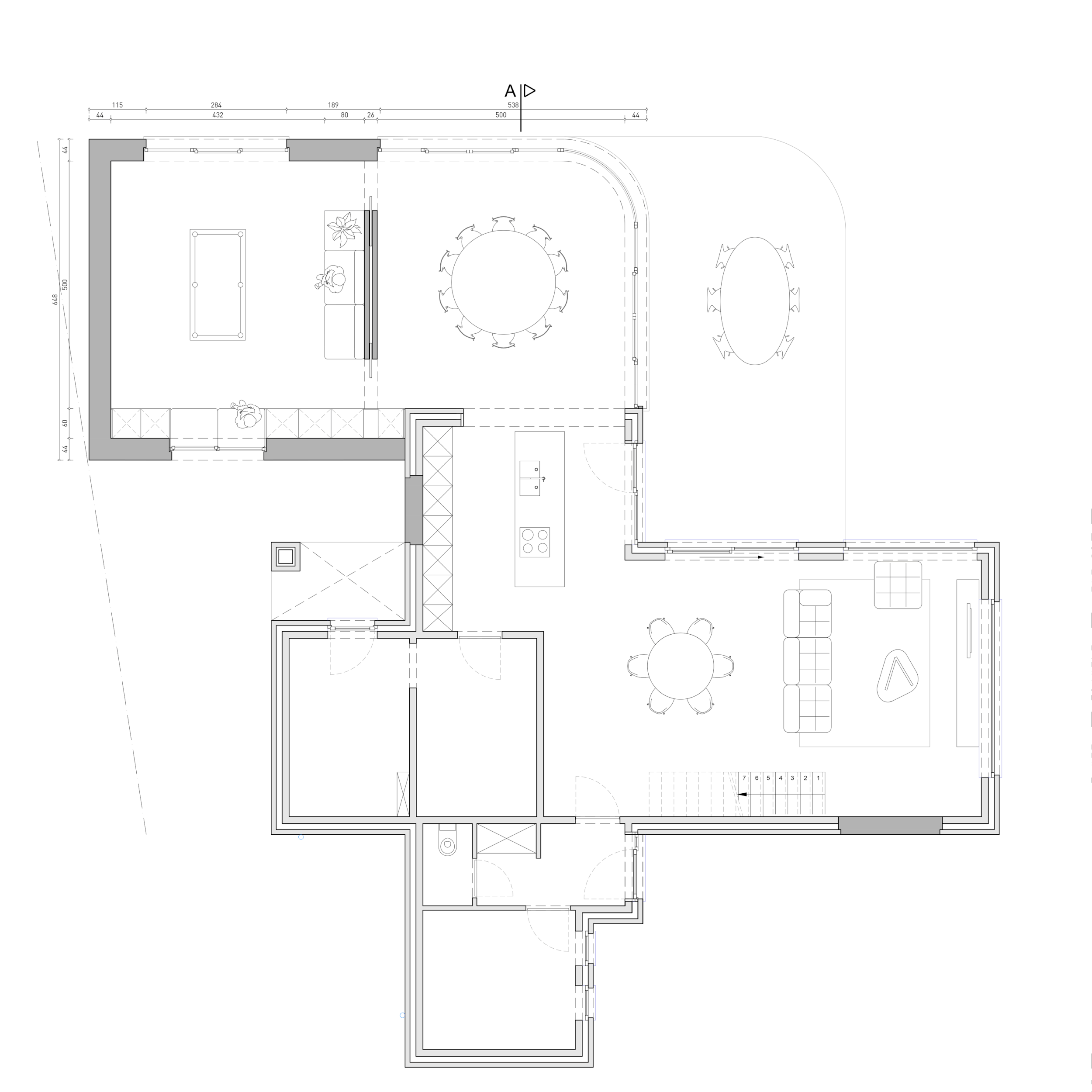 Architectural floor plan of a house with various rooms, including a living room with sofa and TV, a kitchen with island, and a dining area with tables and chairs.