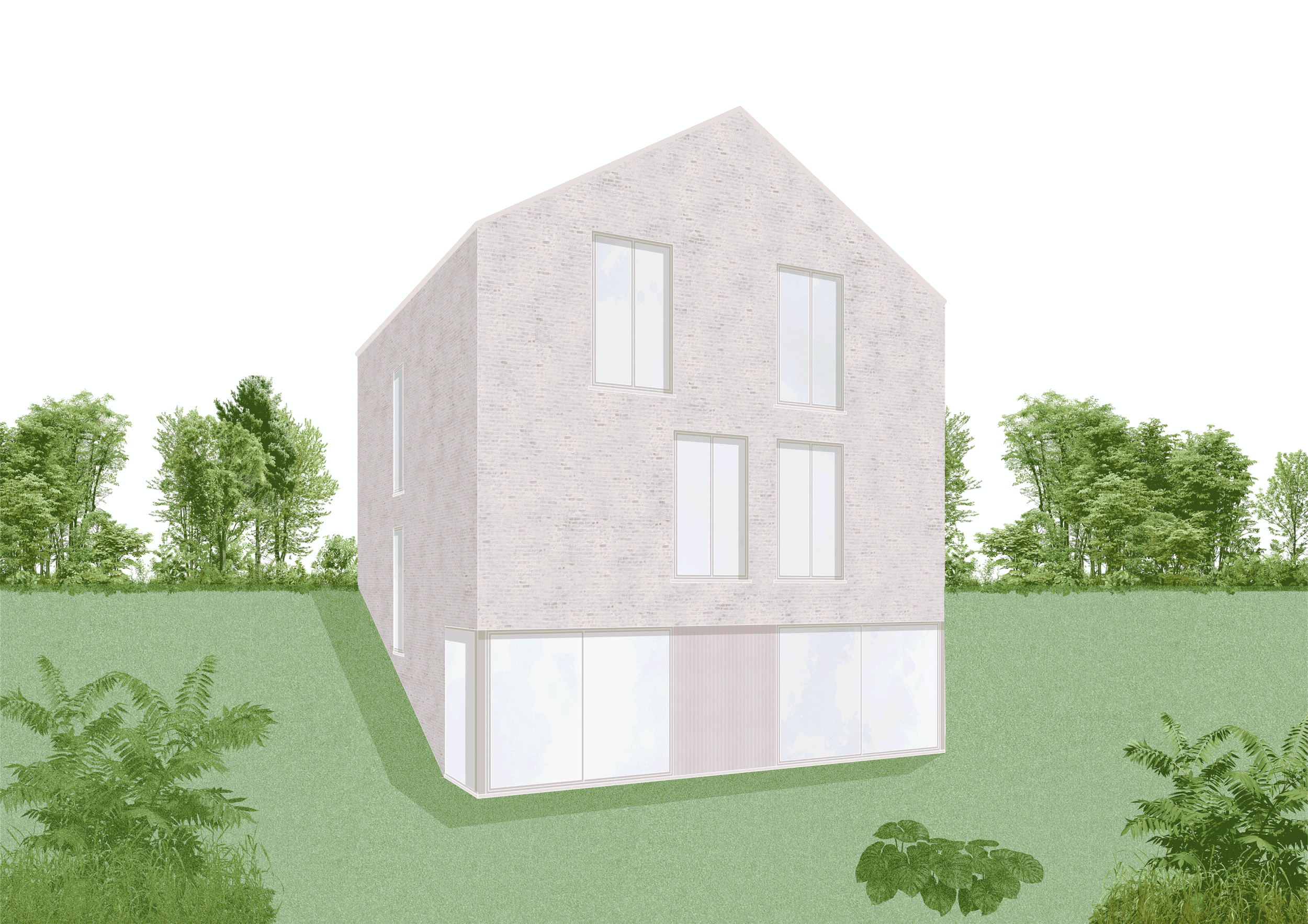 Modern multi-story house with large windows, situated on a grassy lawn with trees in the background.