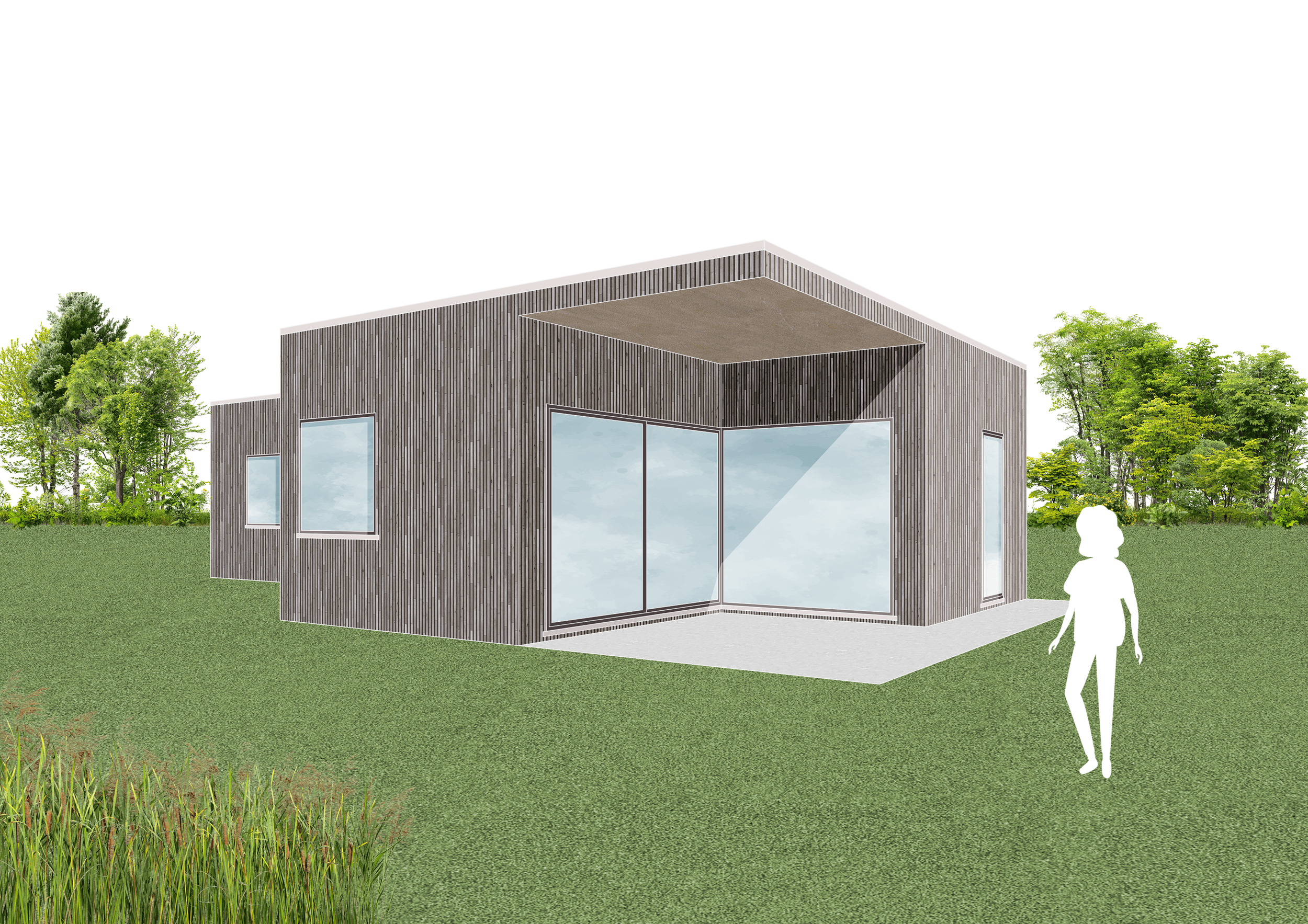 Modern house with wooden exterior, large glass windows, and a patio, surrounded by green grass and trees, with a woman silhouette nearby.