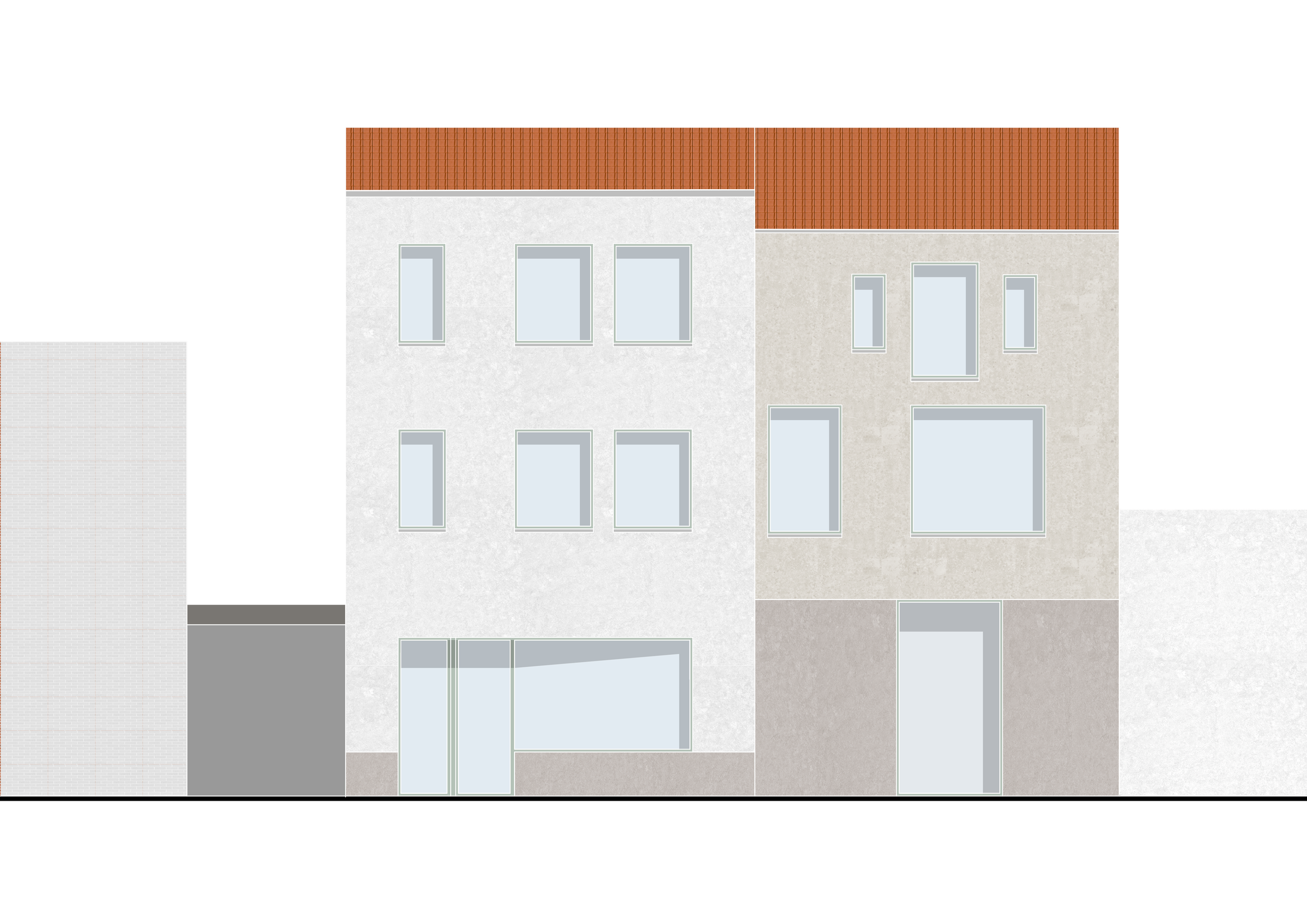 Illustration of a modern, multi-story building with a red tiled roof, large windows, and a mix of white and beige exterior walls.