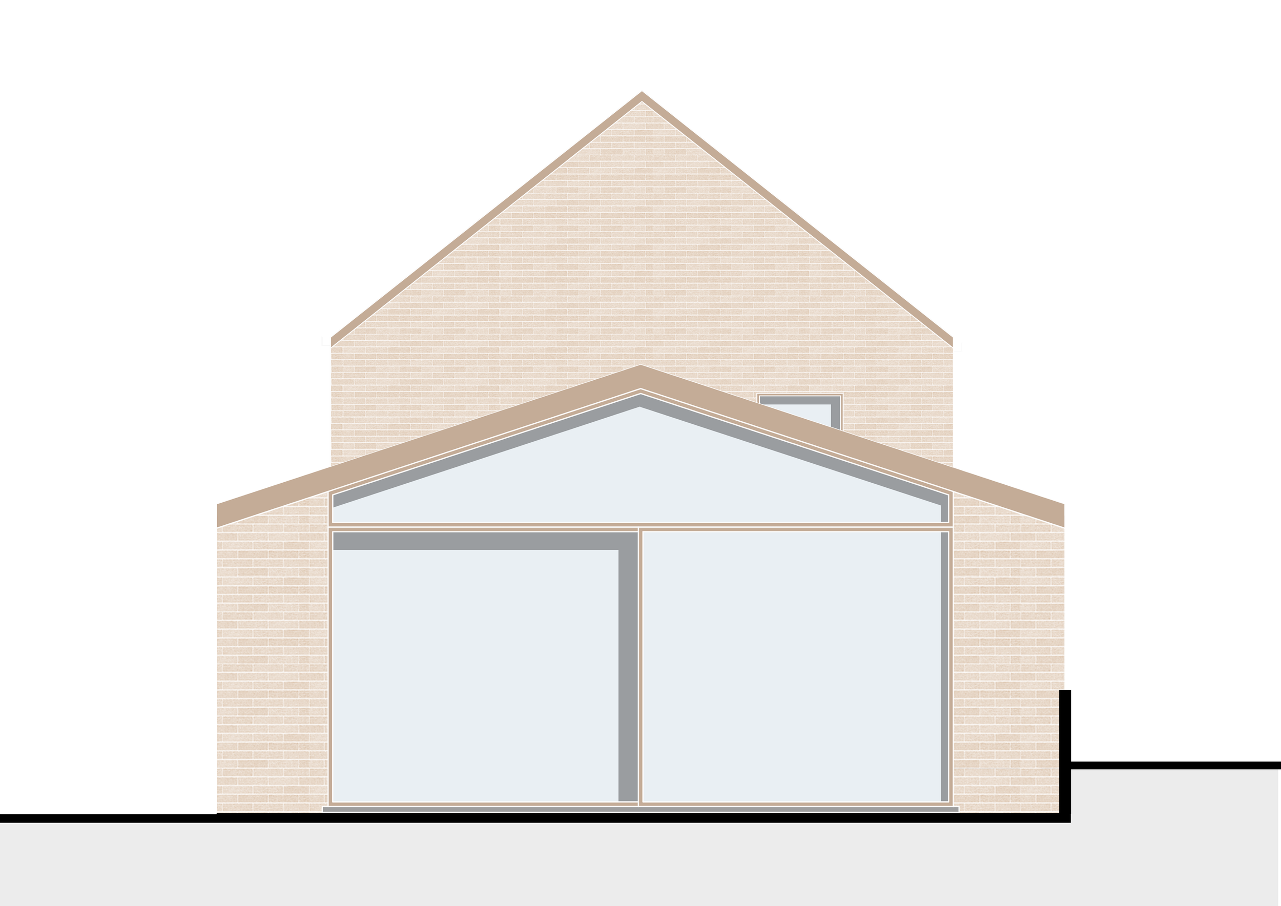 Architectural drawing of a two-story house with a brick exterior, large glass sliding doors, and a sloped roof.