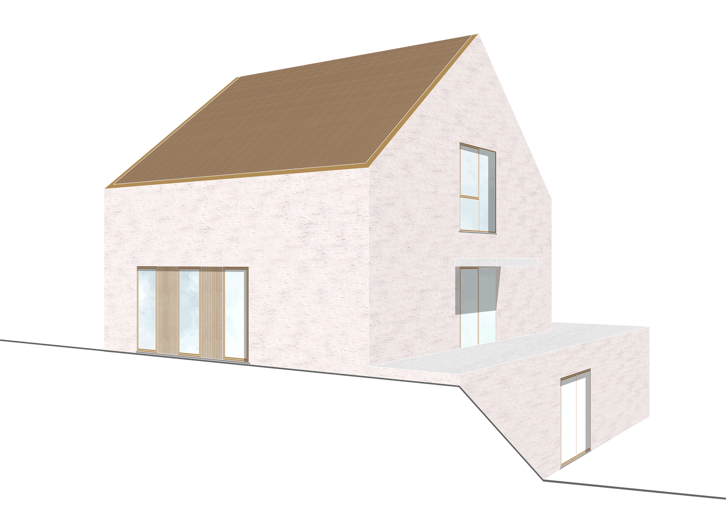 3D rendering of a modern two-story house with a brown gabled roof, light pink brick exterior, large glass sliding doors on the ground floor, and tall windows on the upper floor. The house has a raised outdoor patio area.