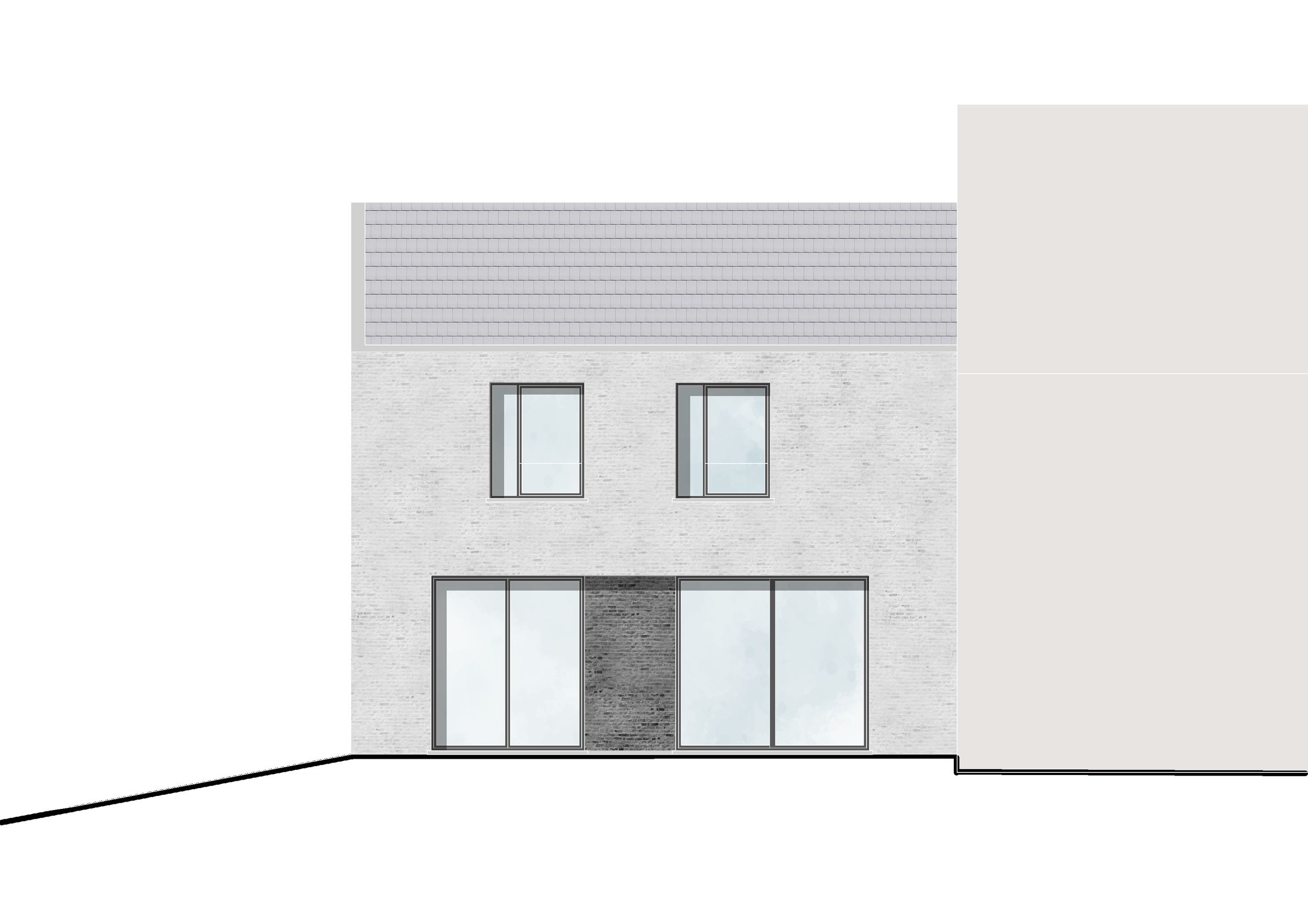 Architectural drawing of a modern three-story house with large glass doors on the ground floor, two windows on the second floor, and twelve small roof tiles on the roof.