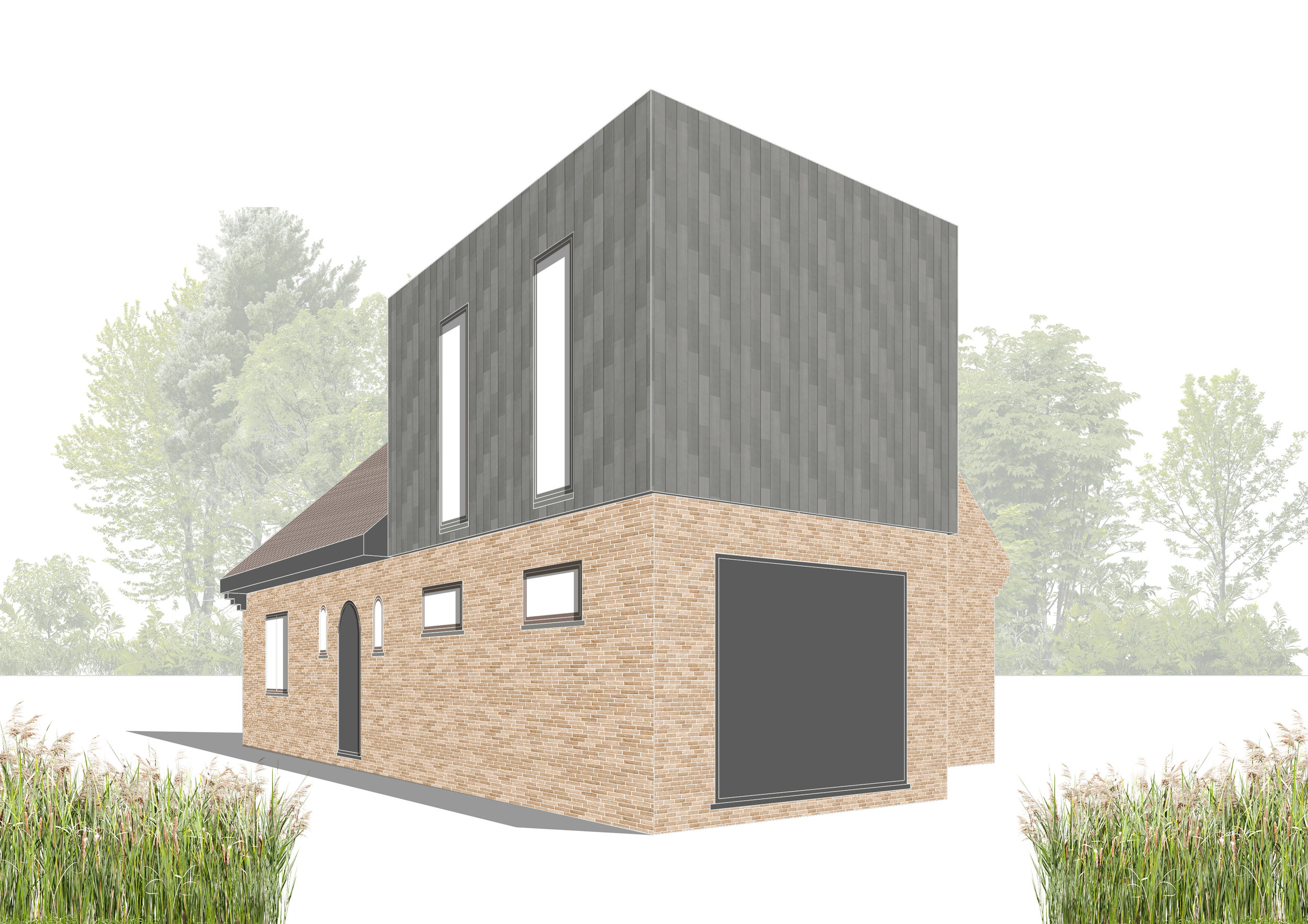 A digital rendering of a modern house with brick and dark gray panels, multiple narrow windows, surrounded by grass and trees in the background.
