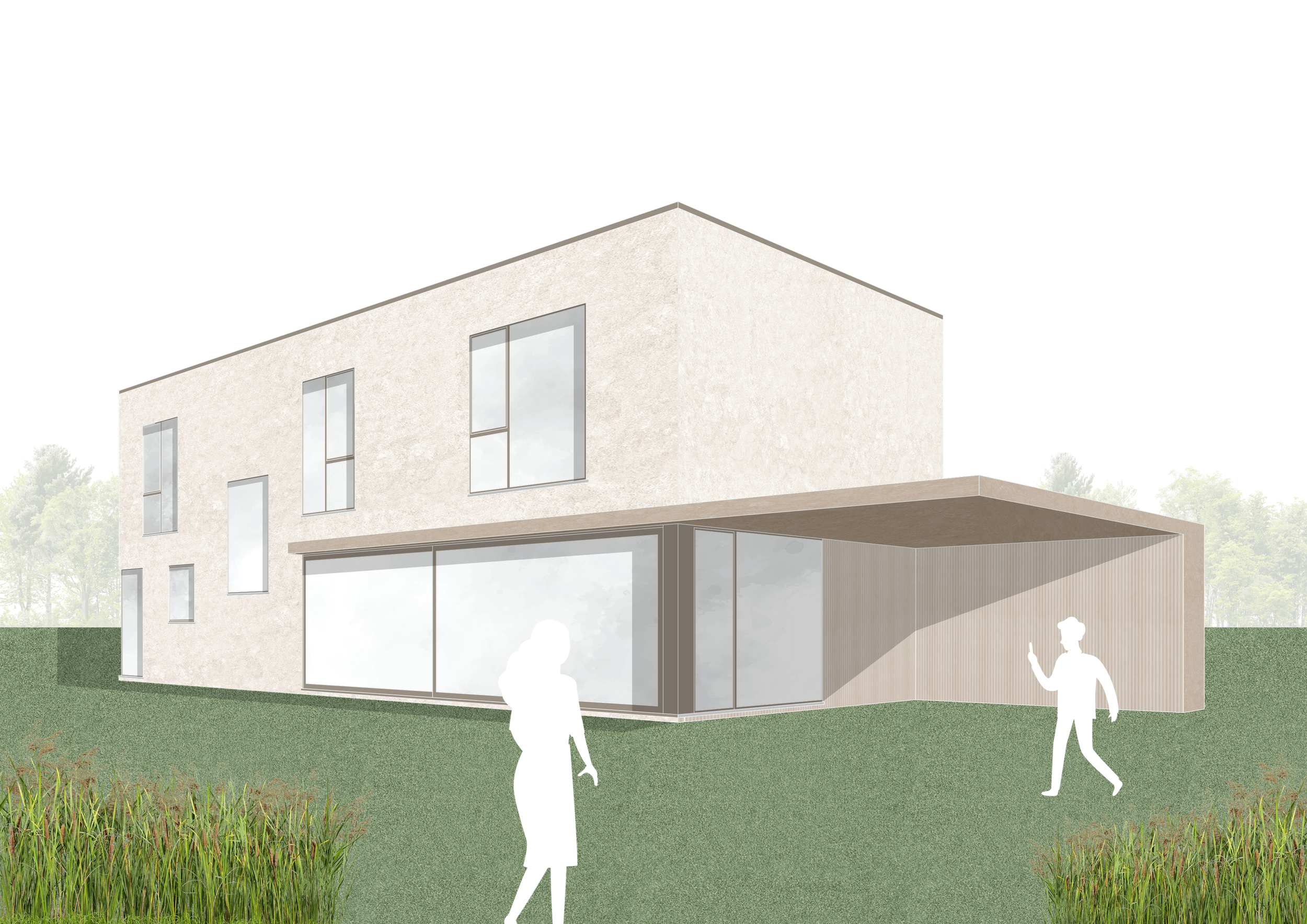 Architectural rendering of a modern two-story house with large windows, surrounded by greenery, with silhouettes of people walking nearby.