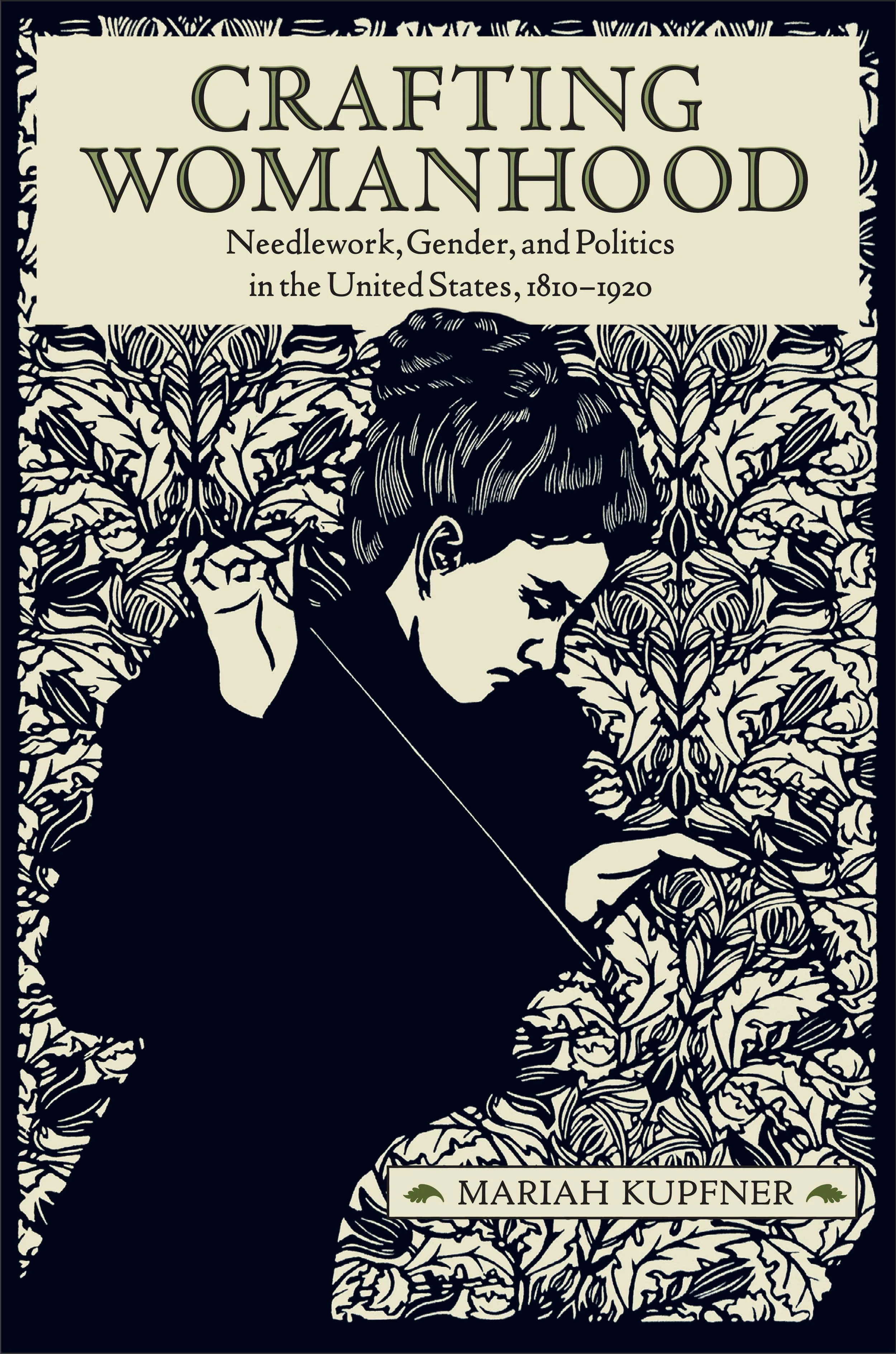 Black and white linocut of a woman embroidering her floral surroundings