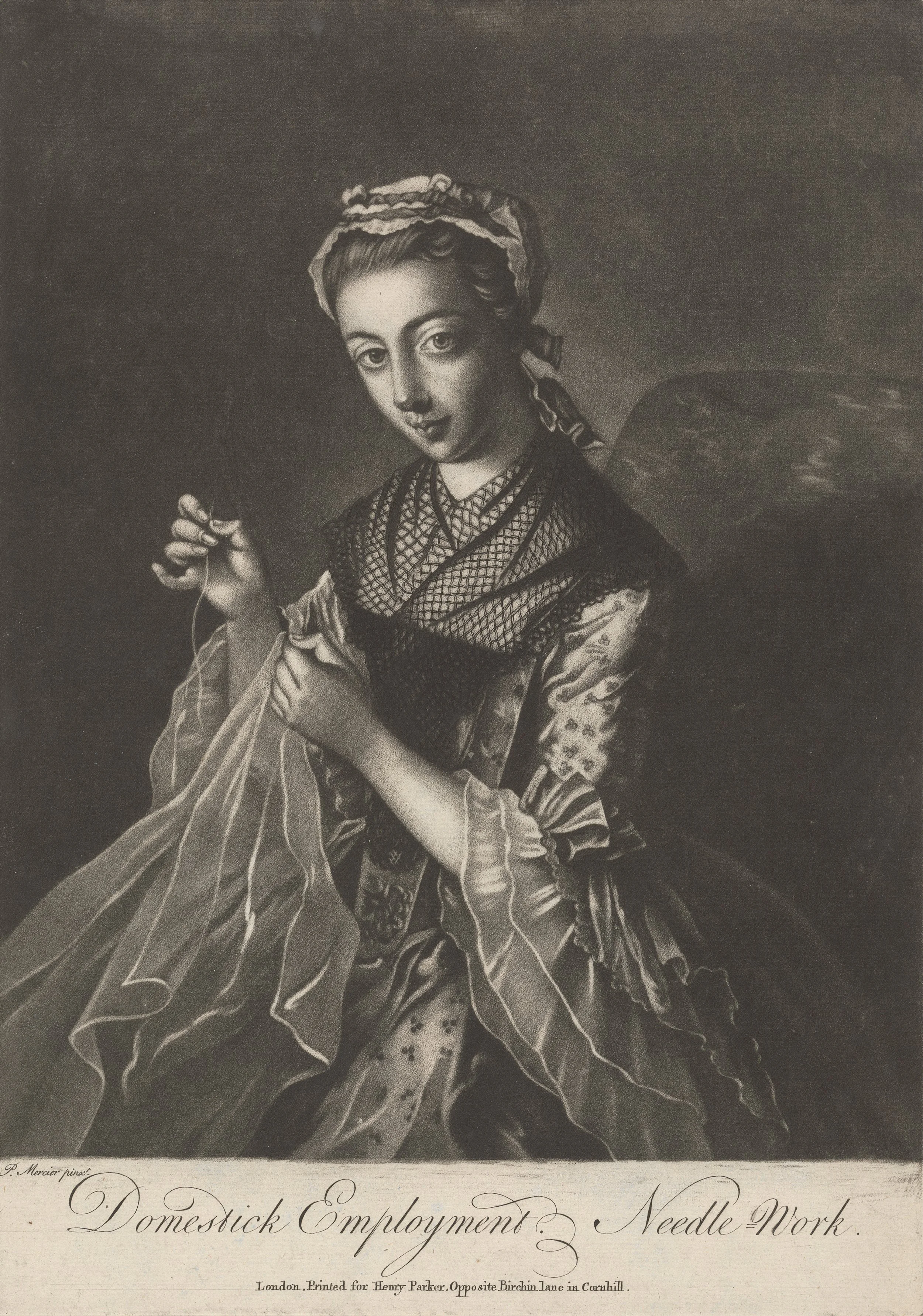 Richard Houston, ca. 1721–1775, Domestic Employment: Needlework, 1755 to 1760, Mezzotint on medium, slightly textured, cream laid paper, Yale Center for British Art, Paul Mellon Fund, B1970.3.724.